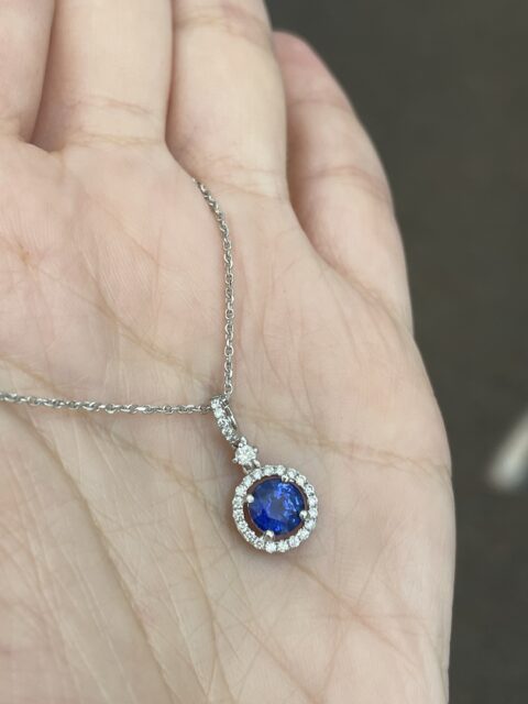 14k White Gold Genuine 1.06 Carat Ceylon Sapphire & Diamond Halo Pendant