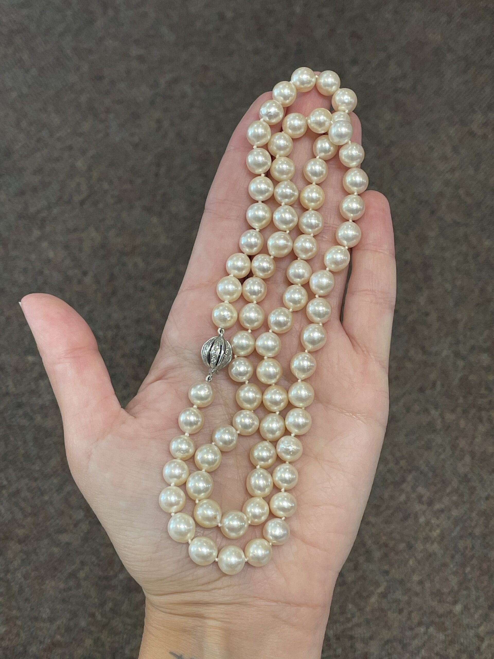 Fine Quality 26.5” Cultured Akoya Pearl Strand With 18k White Gold Diamond Sphere Clasp - Image 2