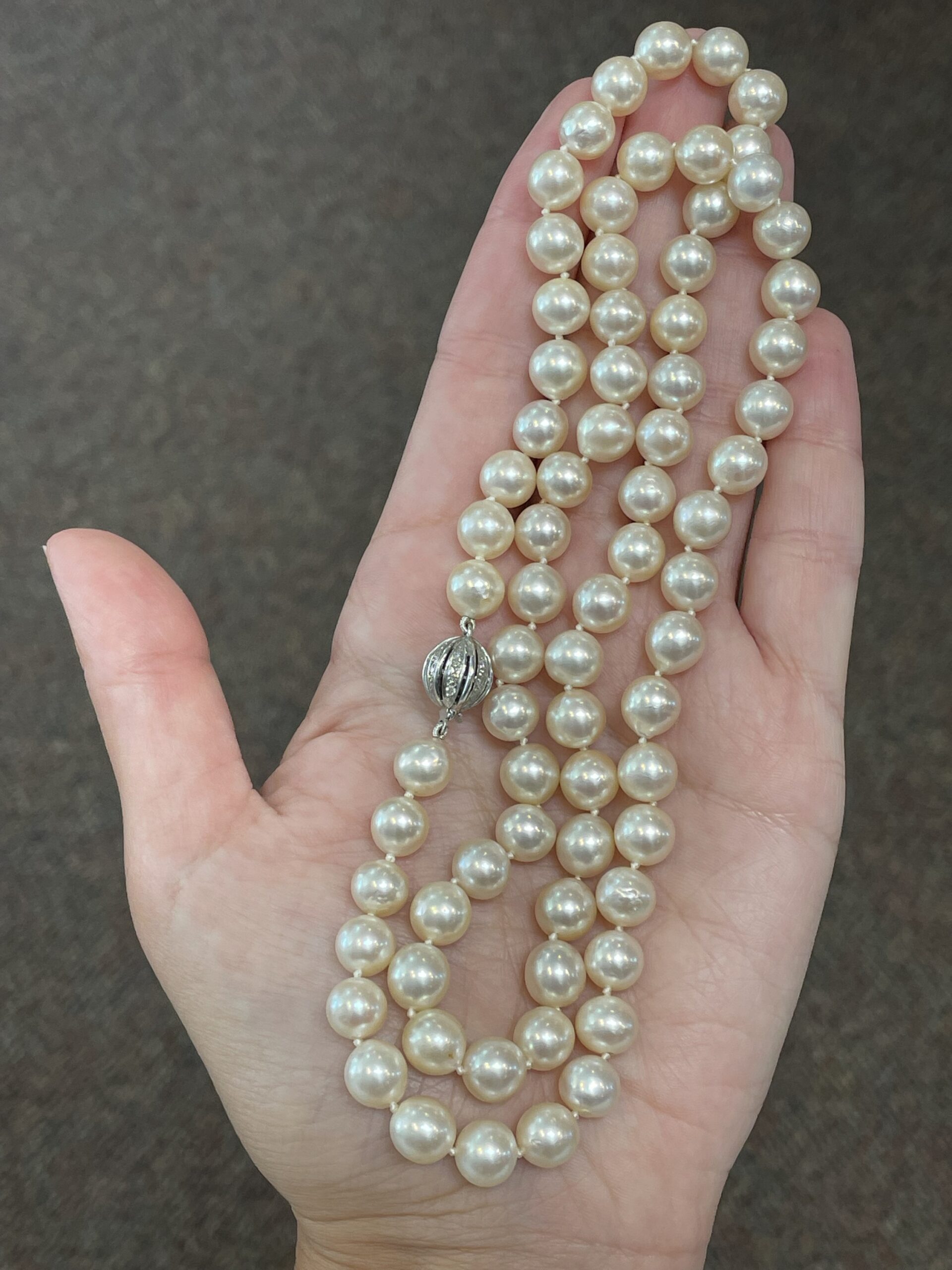 Fine Quality 26.5” Cultured Akoya Pearl Strand With 18k White Gold Diamond Sphere Clasp