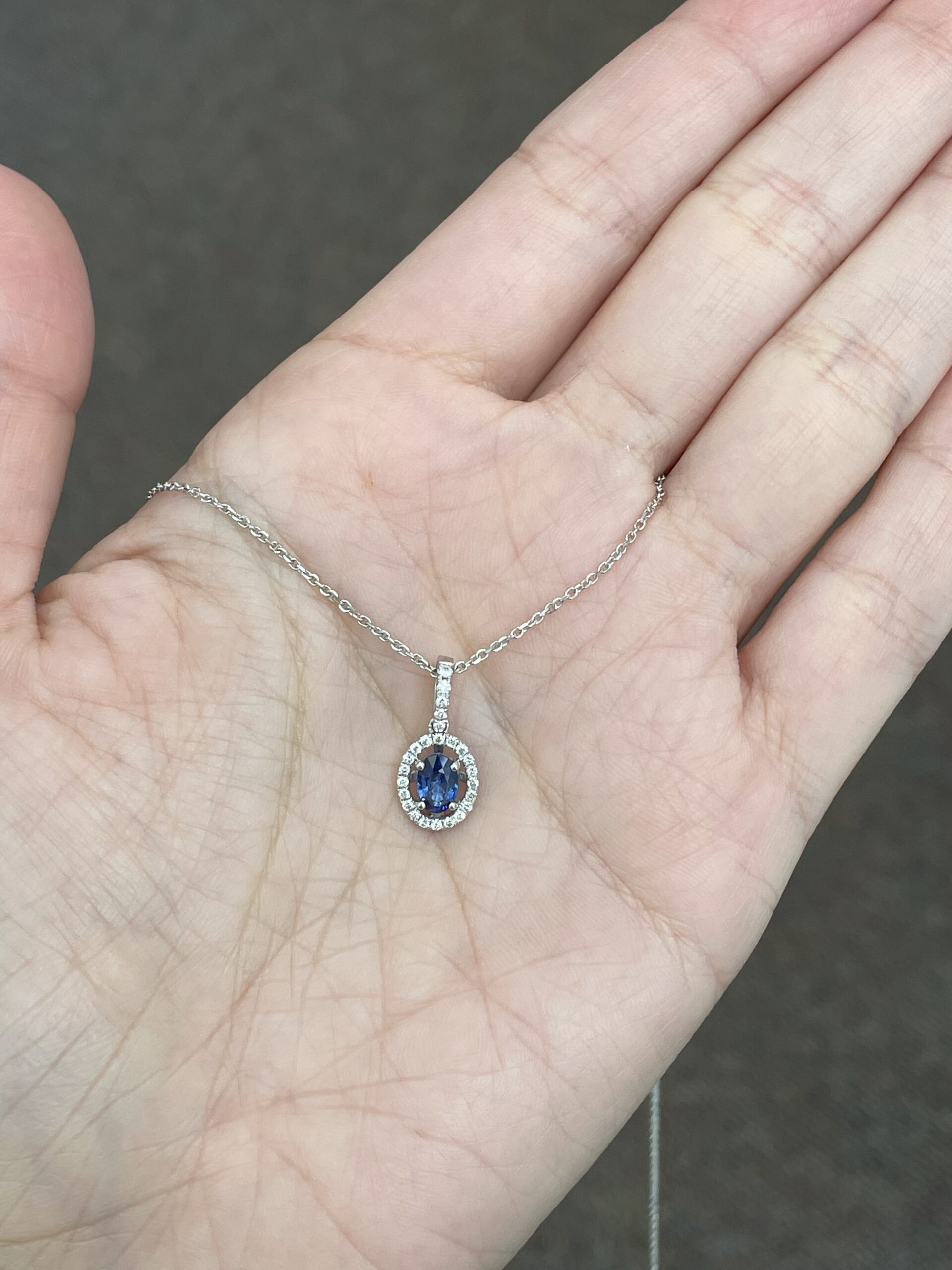 14k White Gold .51 Cttw Oval Shaped Genuine Sapphire & .17 Cttw Round Brilliant Cut Diamond Halo Pendant - Image 2