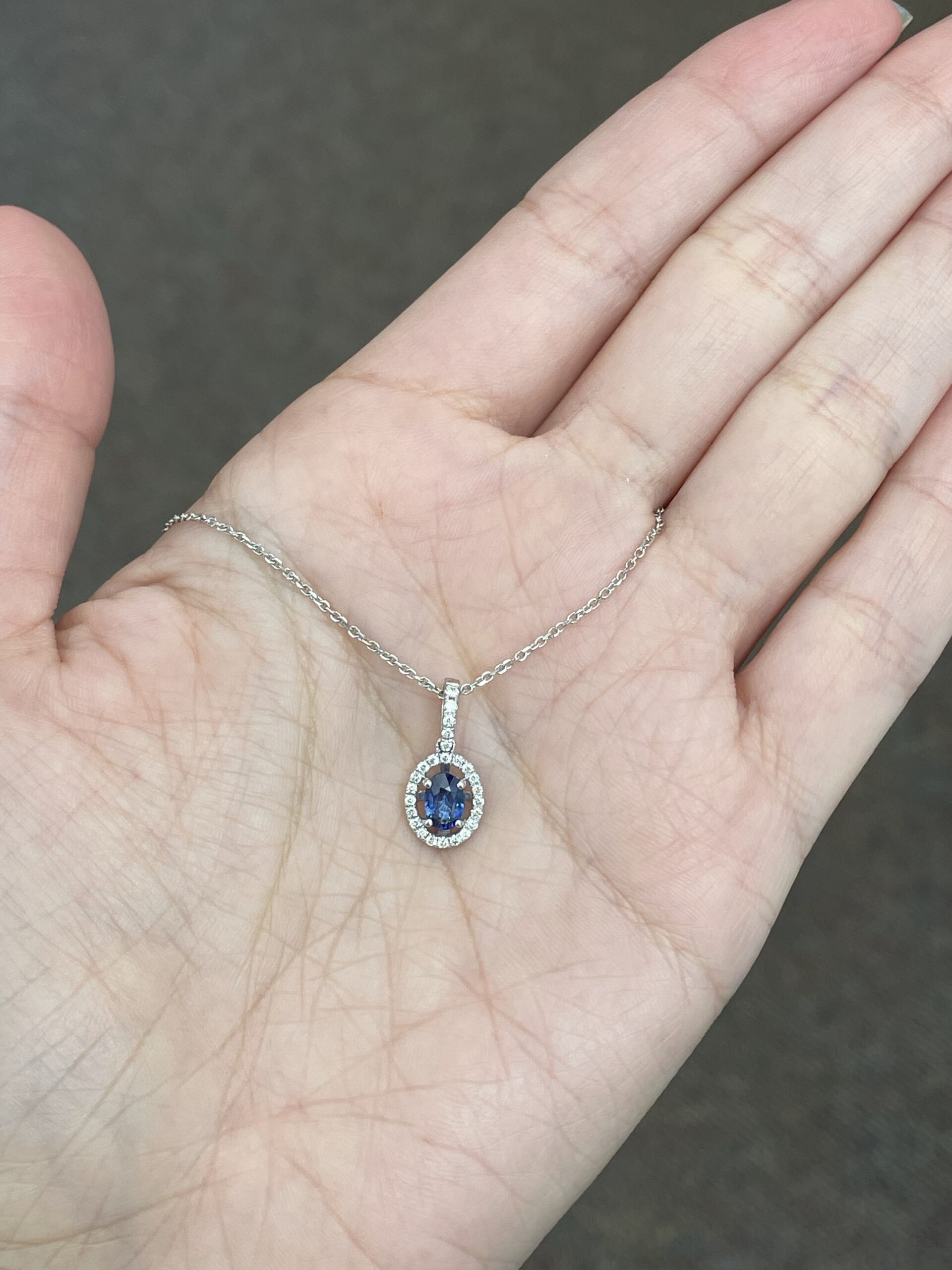 14k White Gold .51 Cttw Oval Shaped Genuine Sapphire & .17 Cttw Round Brilliant Cut Diamond Halo Pendant - Image 3