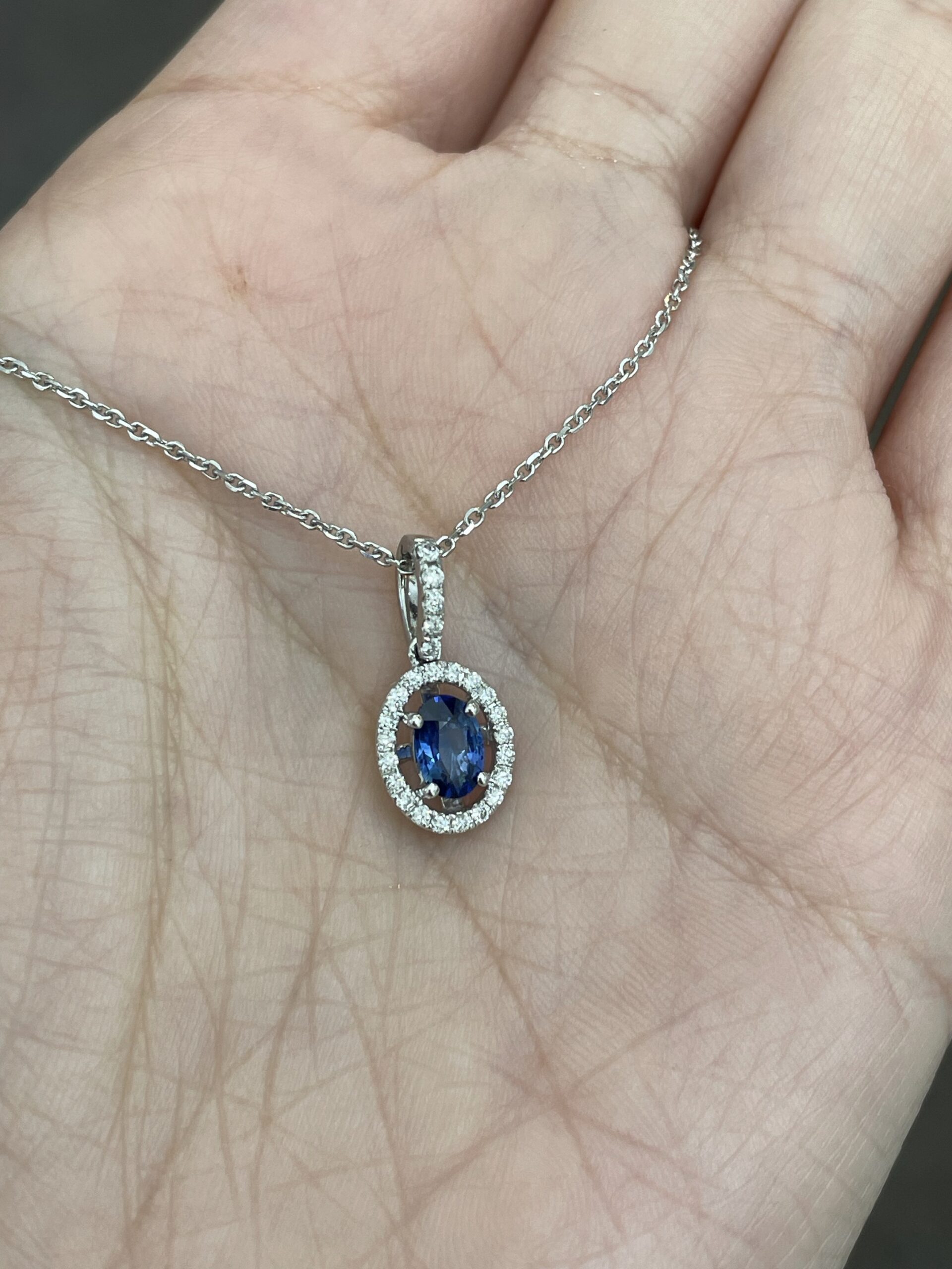 14k White Gold .51 Cttw Oval Shaped Genuine Sapphire & .17 Cttw Round Brilliant Cut Diamond Halo Pendant - Image 6