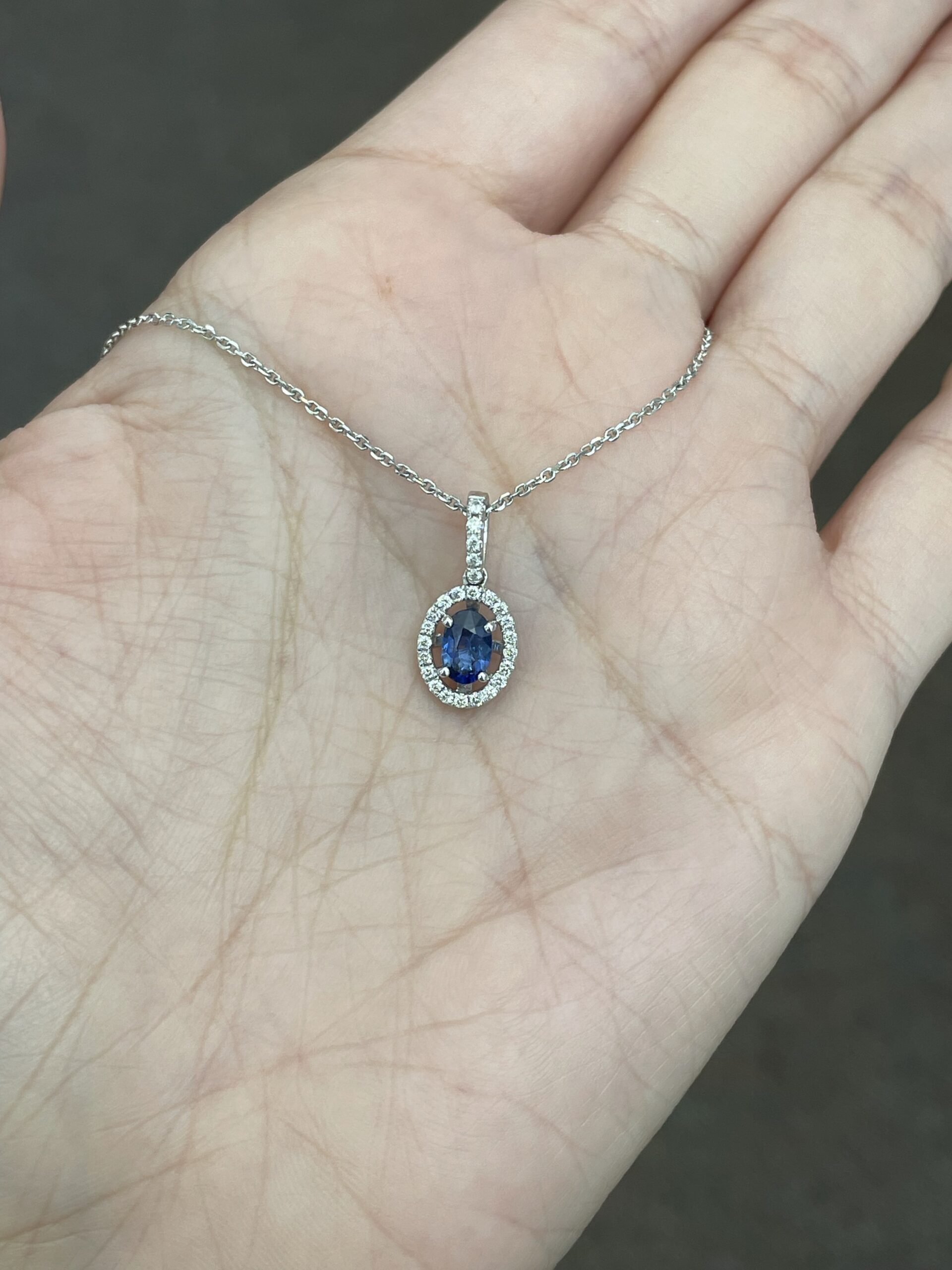 14k White Gold .51 Cttw Oval Shaped Genuine Sapphire & .17 Cttw Round Brilliant Cut Diamond Halo Pendant - Image 7