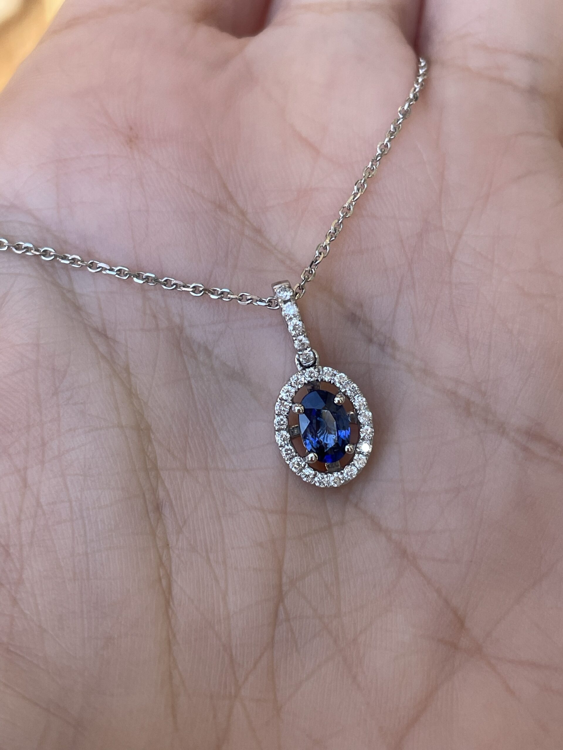 14k White Gold .51 Cttw Oval Shaped Genuine Sapphire & .17 Cttw Round Brilliant Cut Diamond Halo Pendant - Image 8