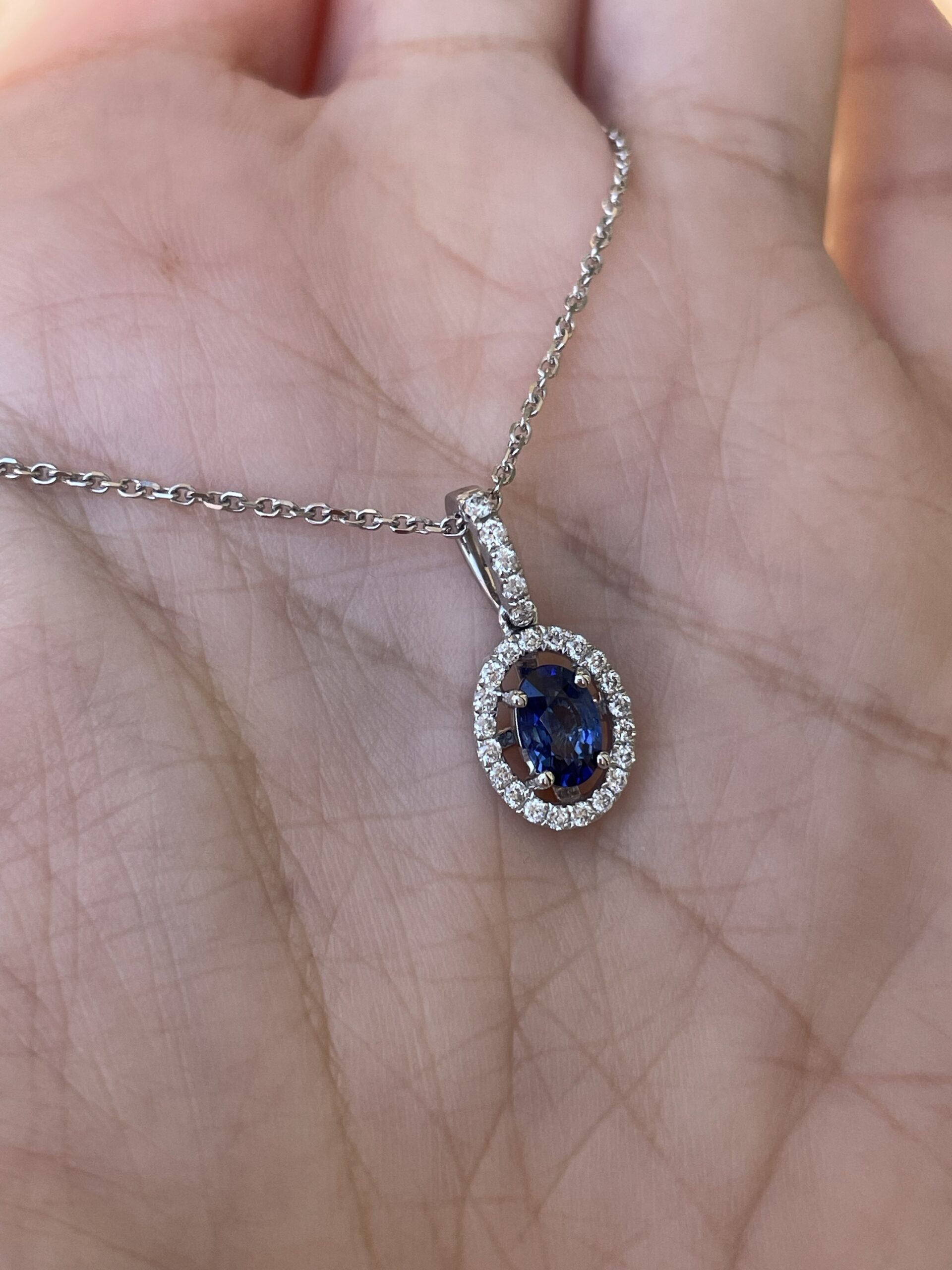14k White Gold .51 Cttw Oval Shaped Genuine Sapphire & .17 Cttw Round Brilliant Cut Diamond Halo Pendant - Image 10