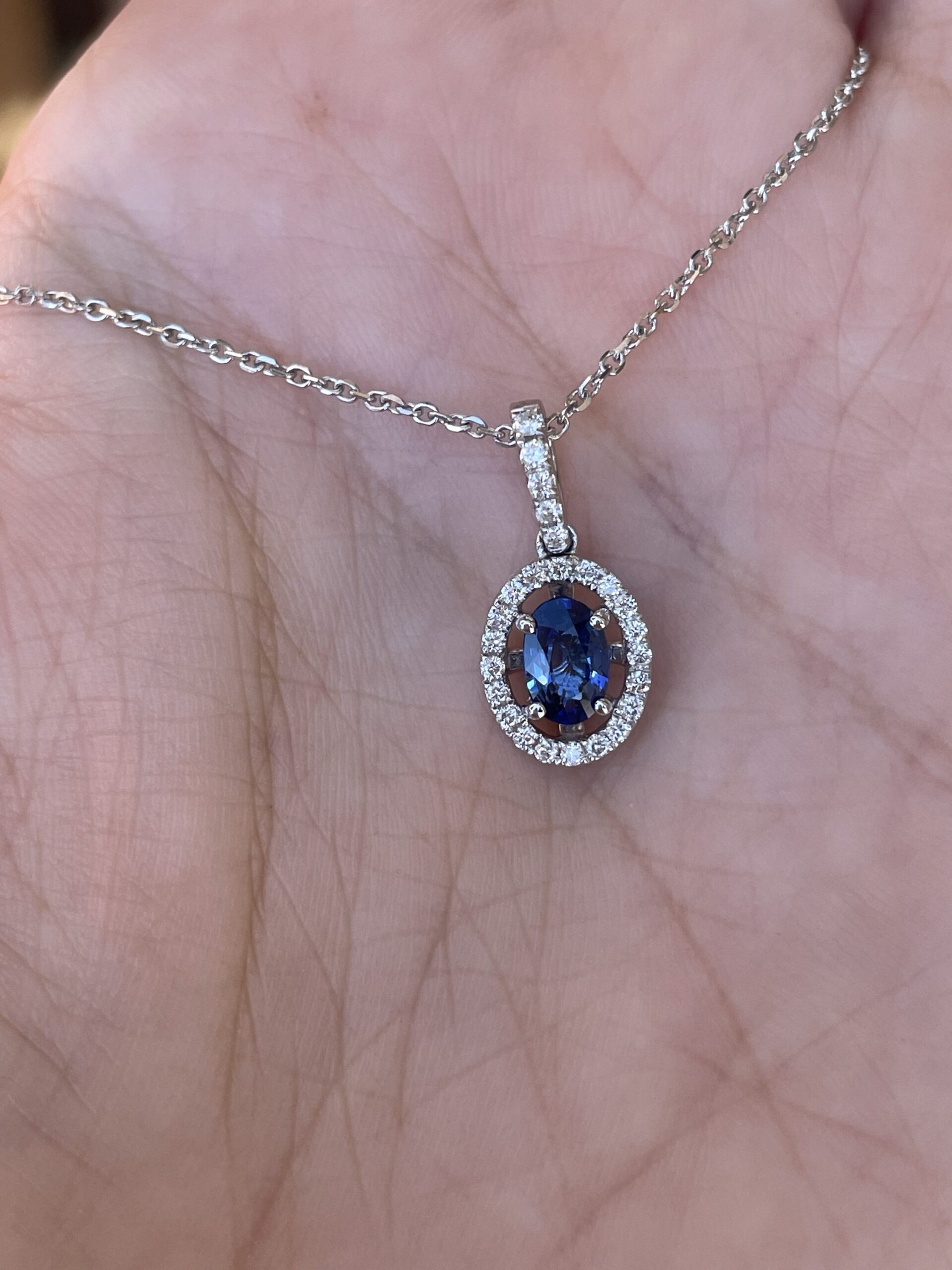 14k White Gold .51 Cttw Oval Shaped Genuine Sapphire & .17 Cttw Round Brilliant Cut Diamond Halo Pendant - Image 11