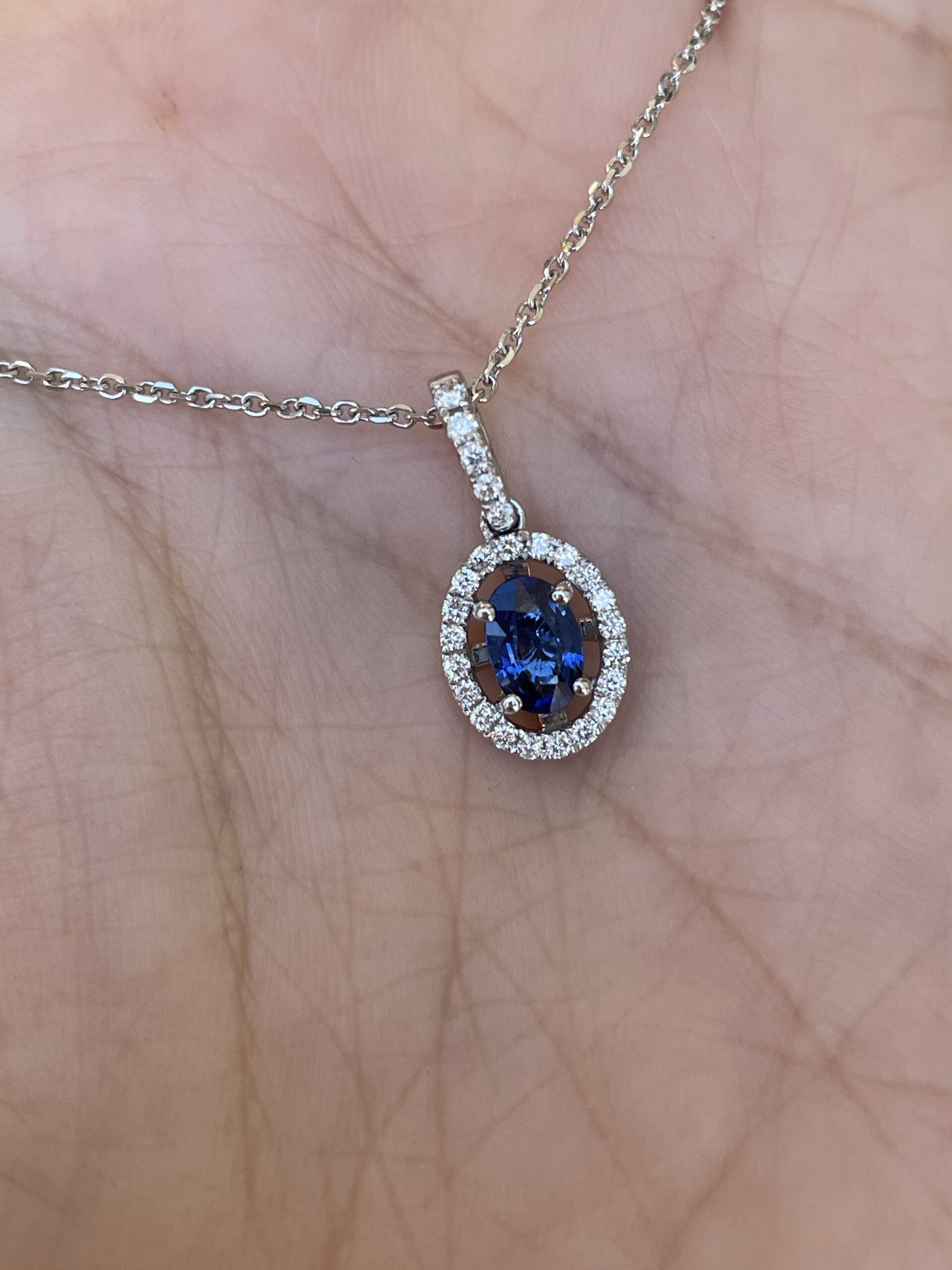 14k White Gold .51 Cttw Oval Shaped Genuine Sapphire & .17 Cttw Round Brilliant Cut Diamond Halo Pendant - Image 12