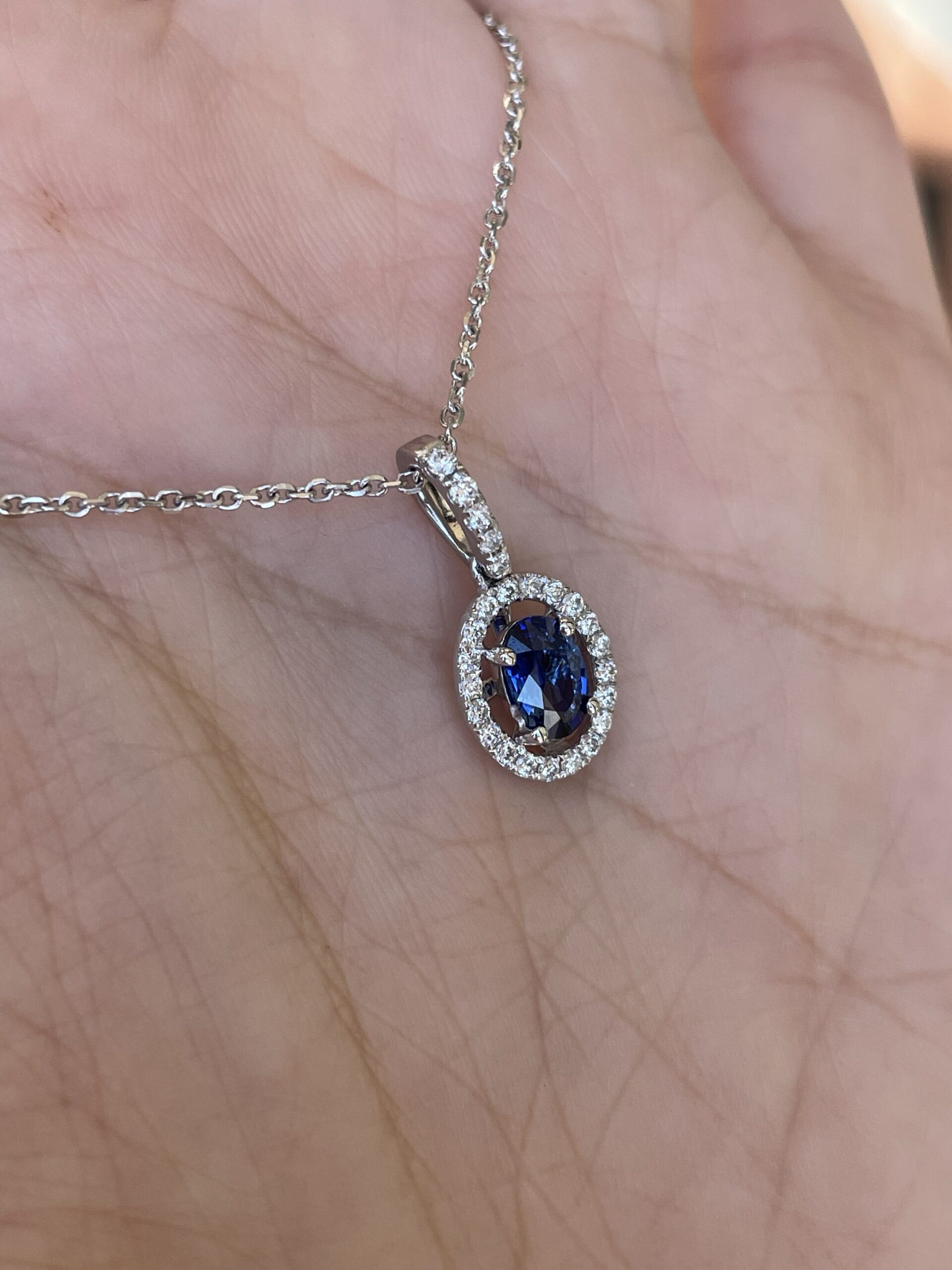 14k White Gold .51 Cttw Oval Shaped Genuine Sapphire & .17 Cttw Round Brilliant Cut Diamond Halo Pendant - Image 13