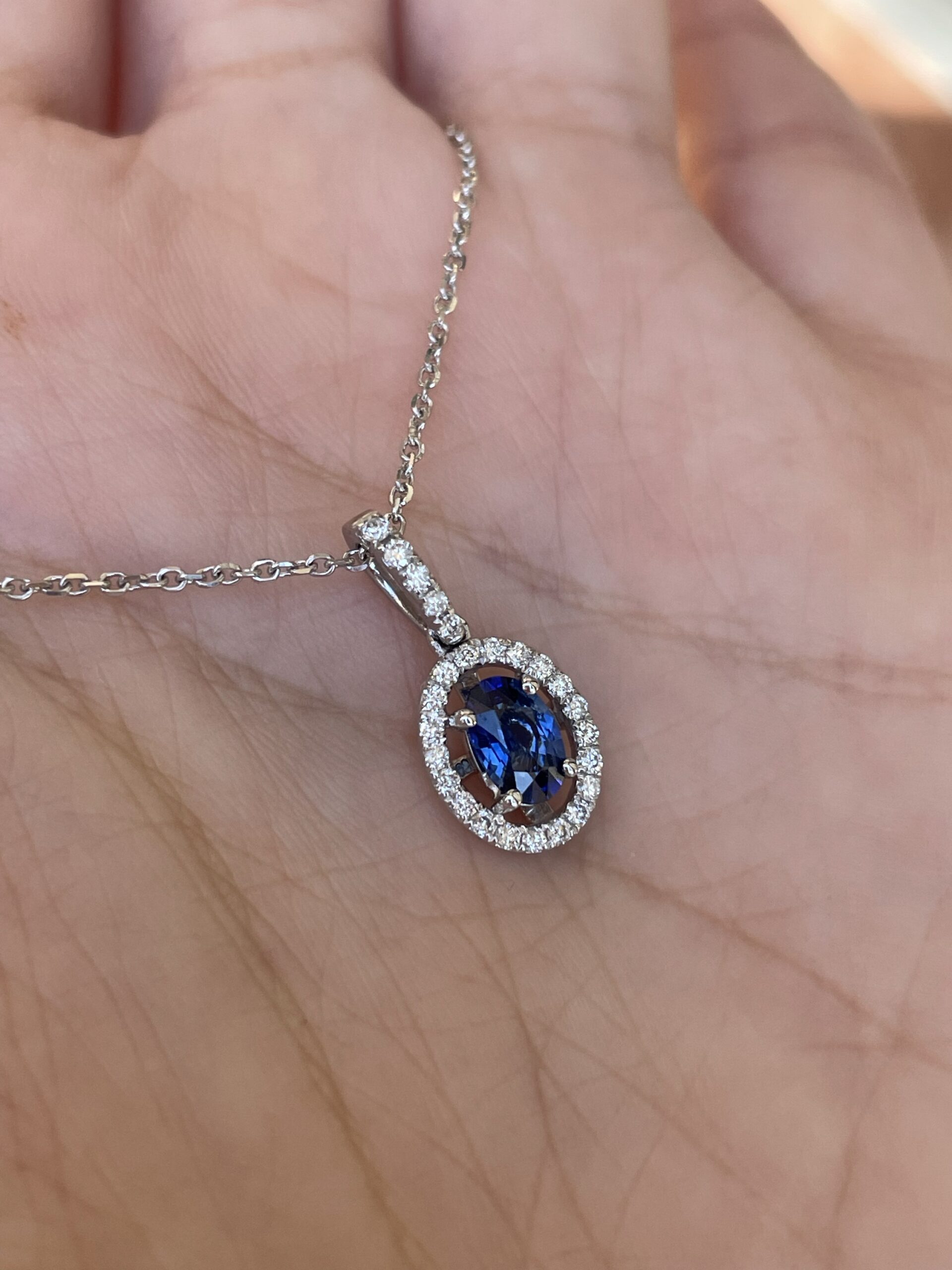 14k White Gold .51 Cttw Oval Shaped Genuine Sapphire & .17 Cttw Round Brilliant Cut Diamond Halo Pendant - Image 14