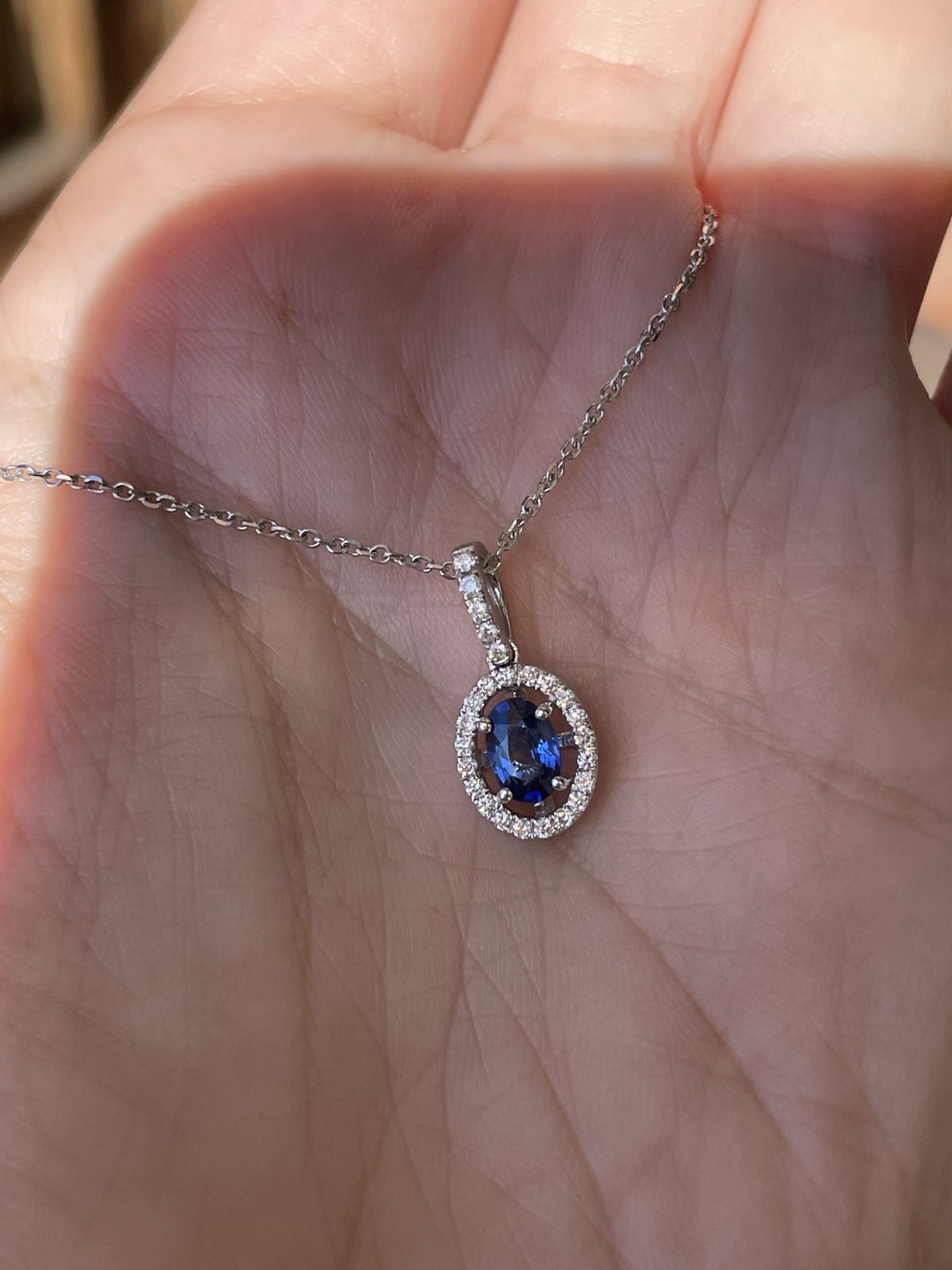 14k White Gold .51 Cttw Oval Shaped Genuine Sapphire & .17 Cttw Round Brilliant Cut Diamond Halo Pendant - Image 16