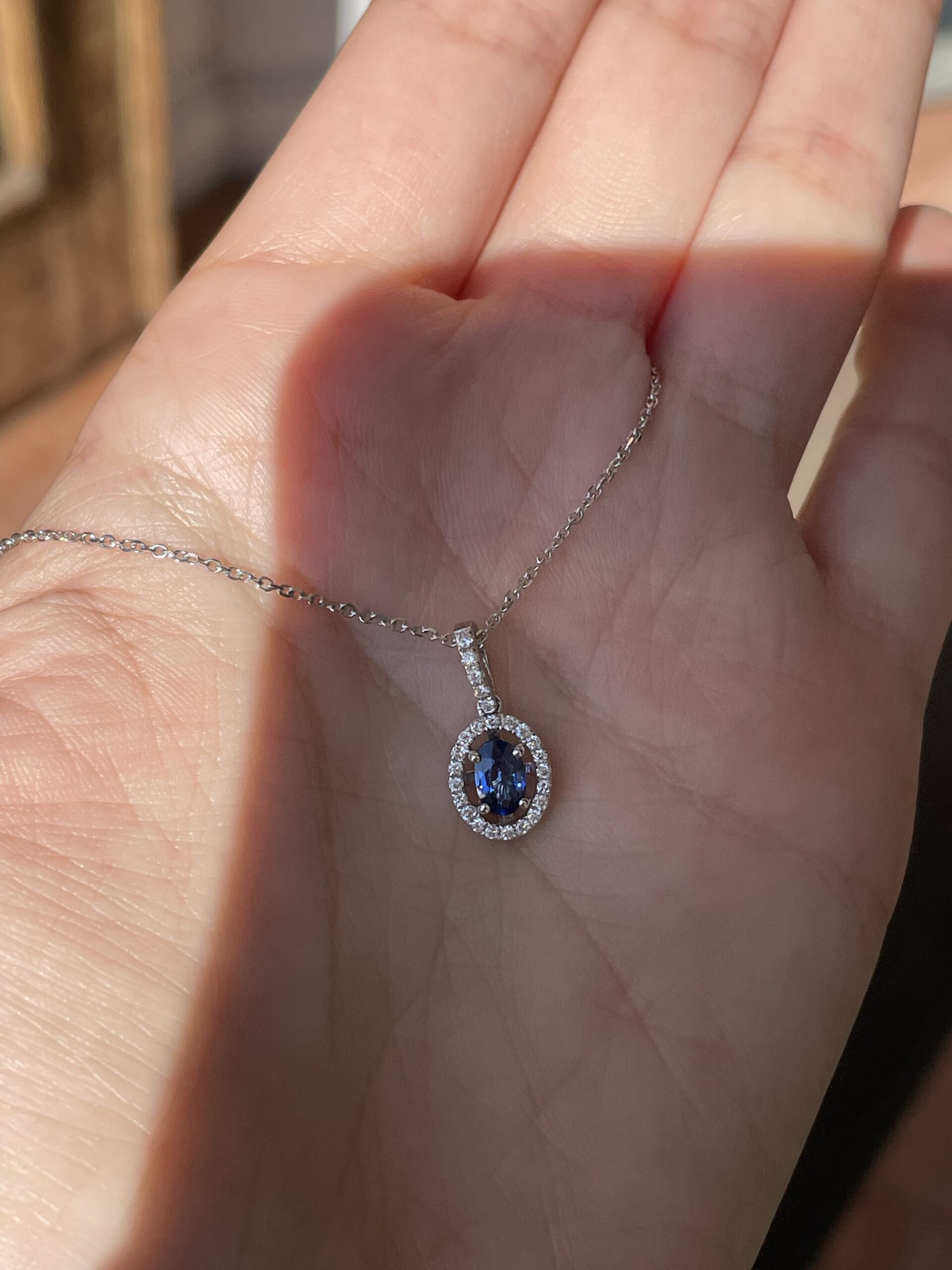 14k White Gold .51 Cttw Oval Shaped Genuine Sapphire & .17 Cttw Round Brilliant Cut Diamond Halo Pendant - Image 17