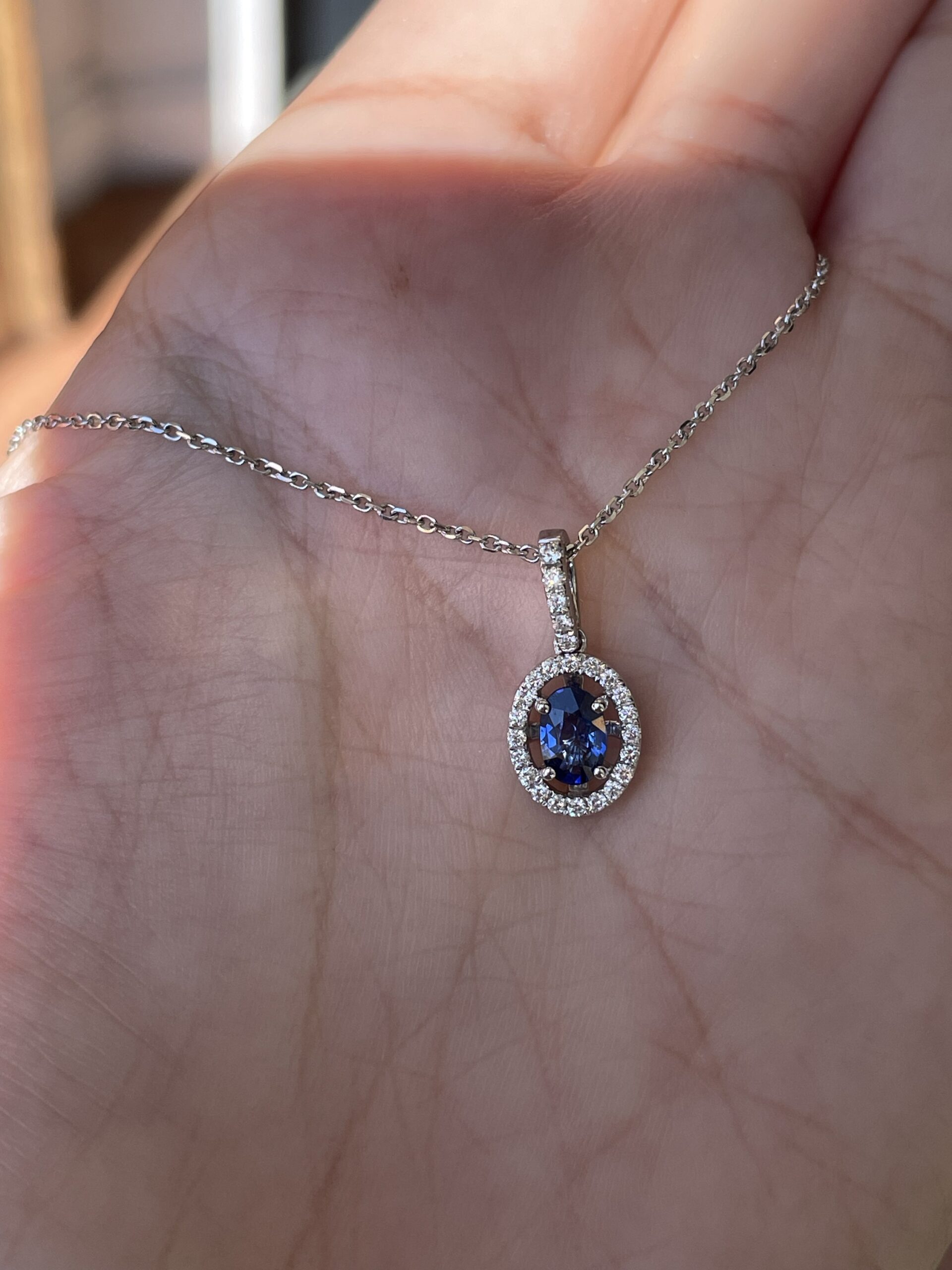 14k White Gold .51 Cttw Oval Shaped Genuine Sapphire & .17 Cttw Round Brilliant Cut Diamond Halo Pendant - Image 18