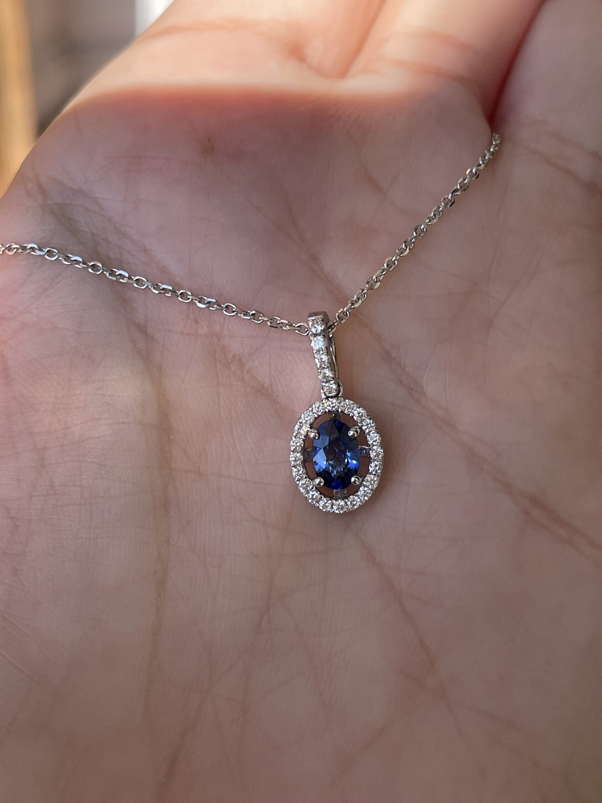 14k White Gold .51 Cttw Oval Shaped Genuine Sapphire & .17 Cttw Round Brilliant Cut Diamond Halo Pendant - Image 19