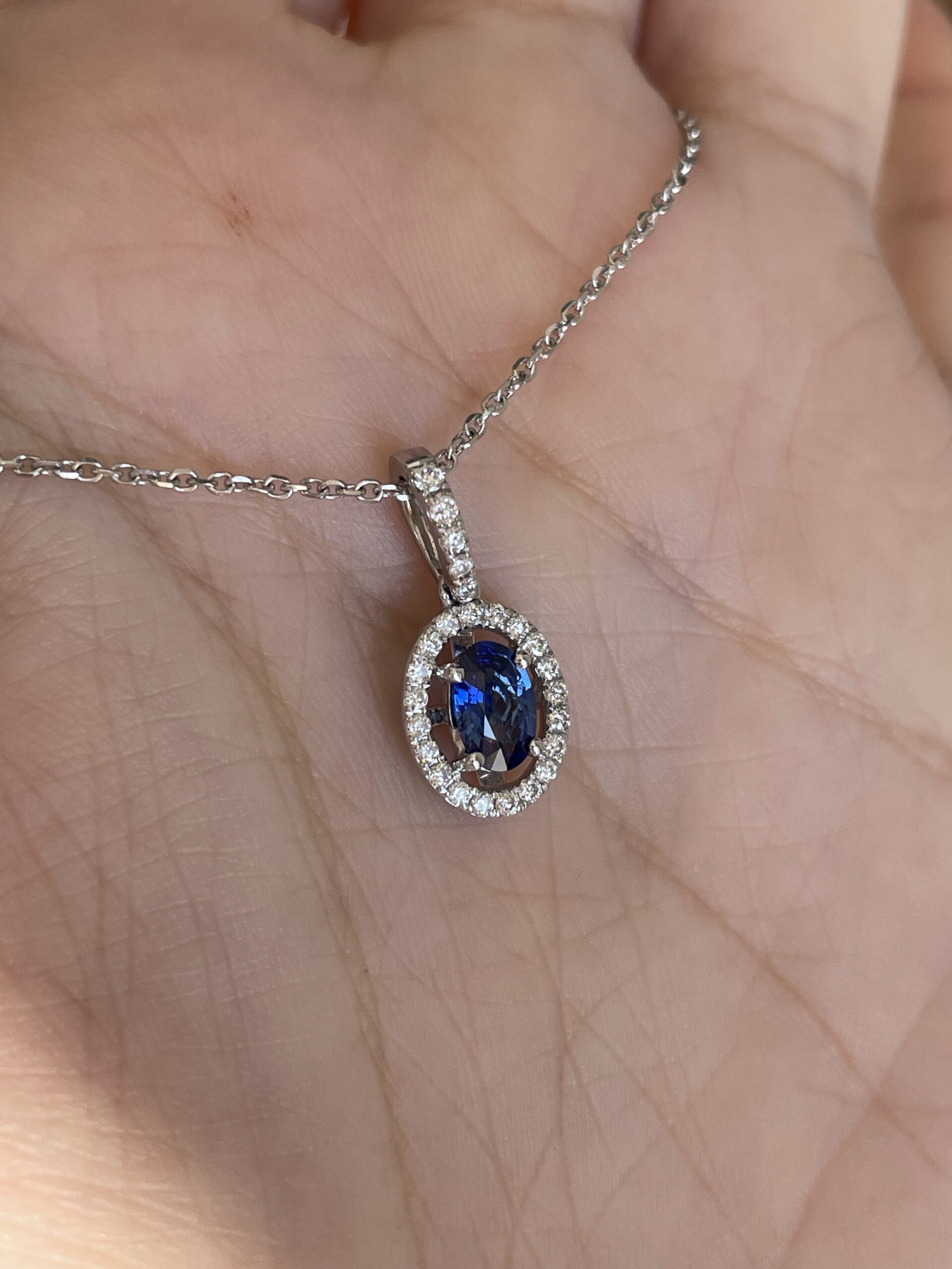 14k White Gold .51 Cttw Oval Shaped Genuine Sapphire & .17 Cttw Round Brilliant Cut Diamond Halo Pendant - Image 20