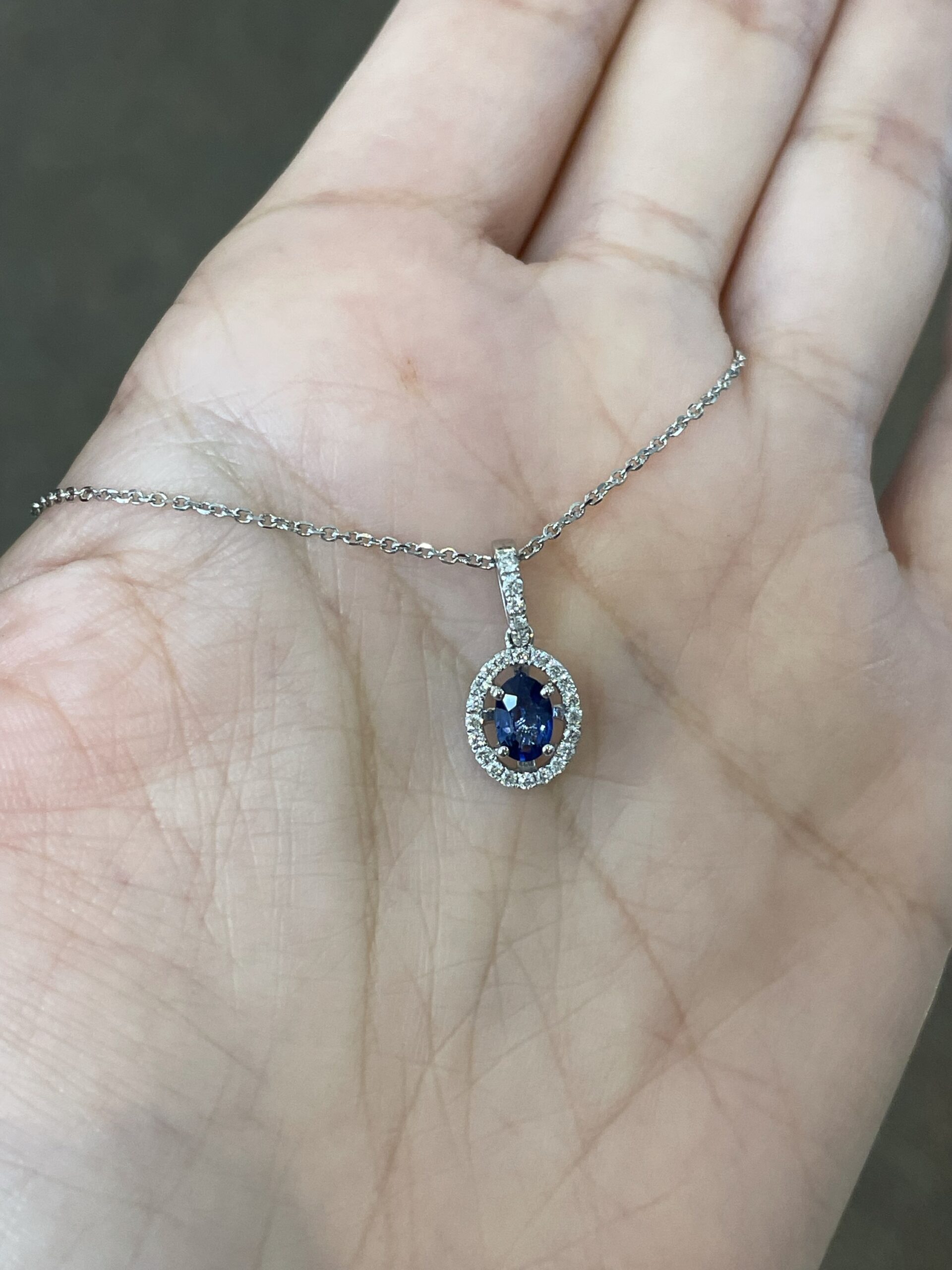 14k White Gold .51 Cttw Oval Shaped Genuine Sapphire & .17 Cttw Round Brilliant Cut Diamond Halo Pendant - Image 21