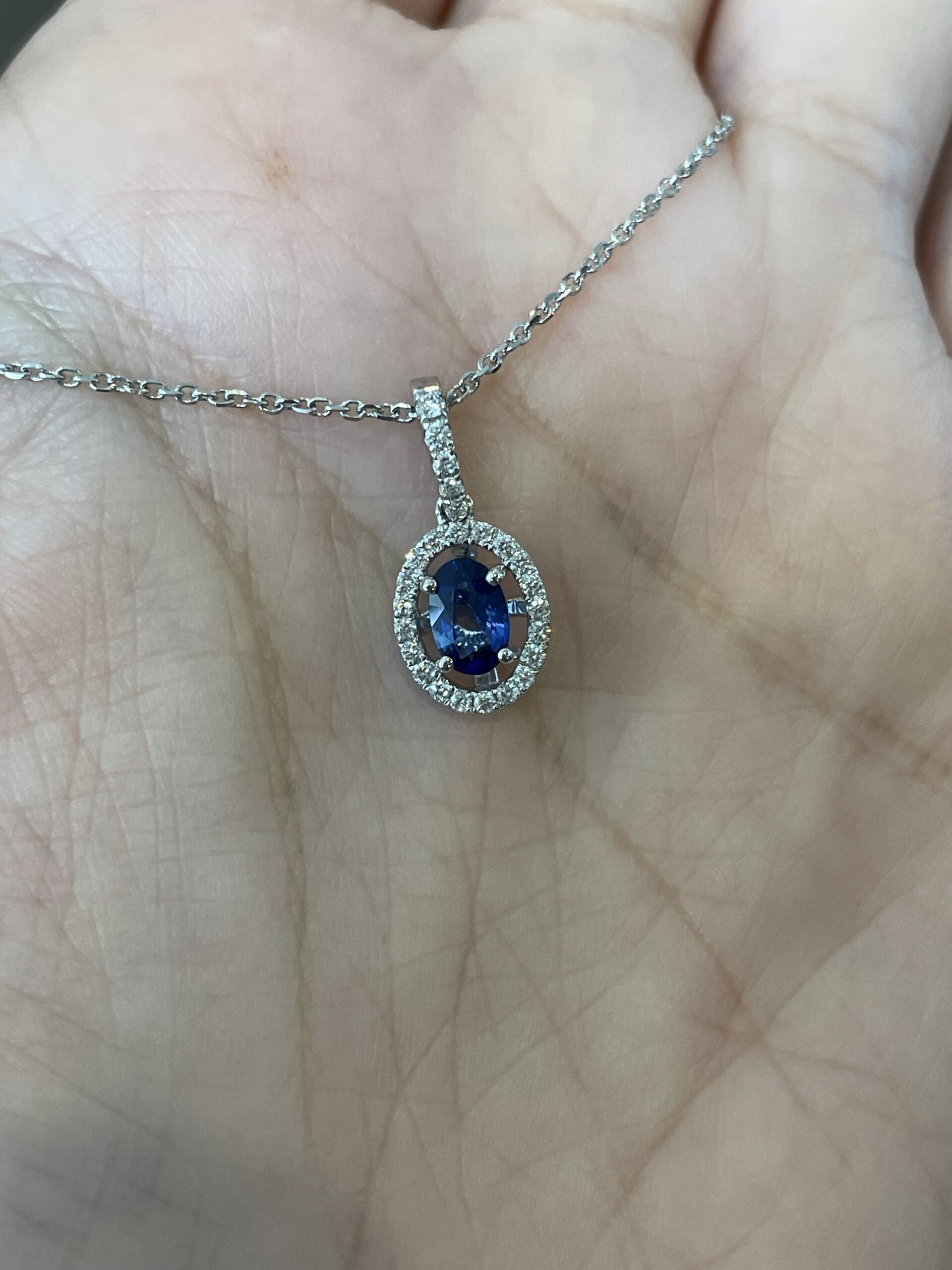 14k White Gold .51 Cttw Oval Shaped Genuine Sapphire & .17 Cttw Round Brilliant Cut Diamond Halo Pendant - Image 22
