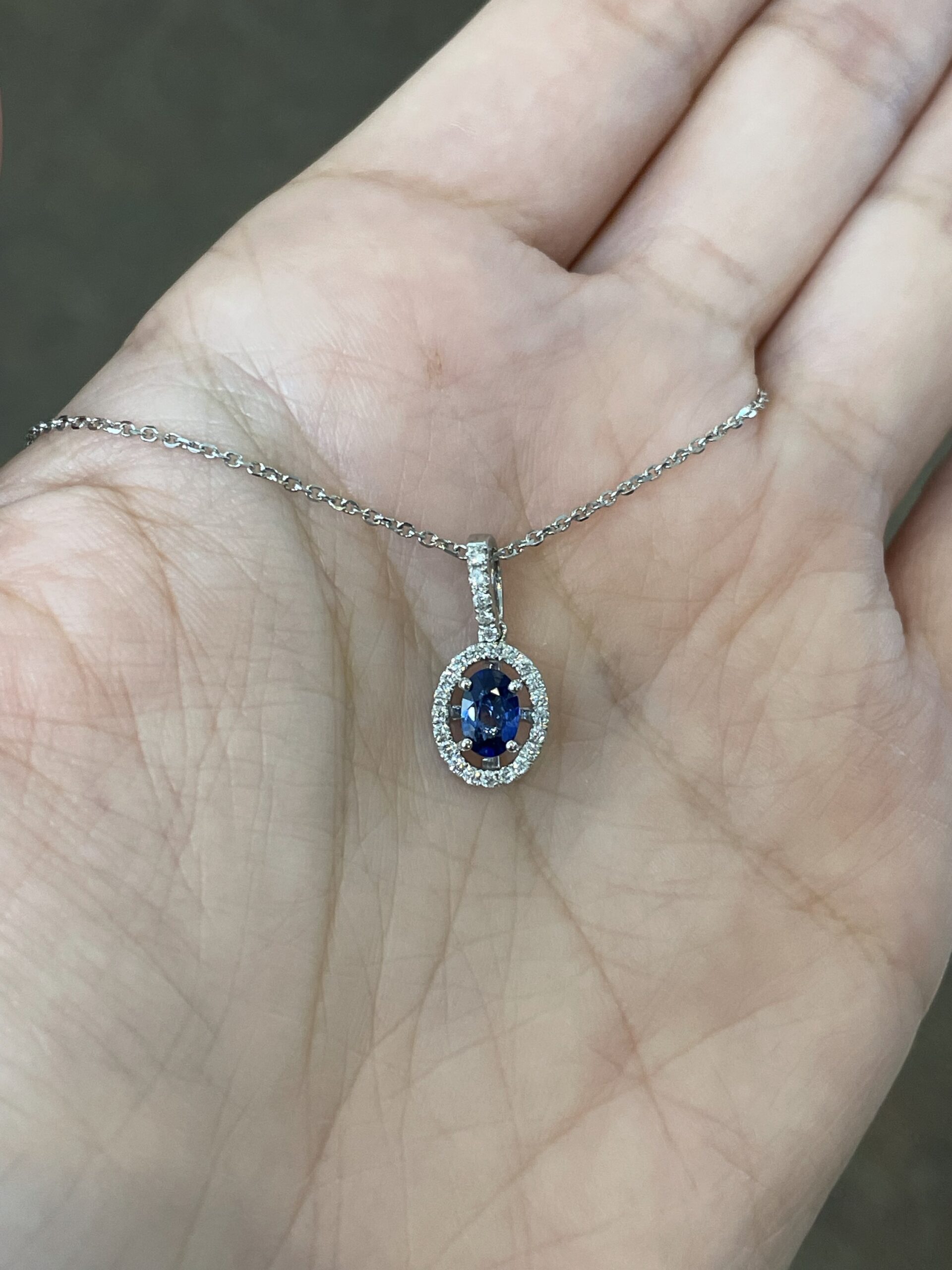 14k White Gold .51 Cttw Oval Shaped Genuine Sapphire & .17 Cttw Round Brilliant Cut Diamond Halo Pendant - Image 23