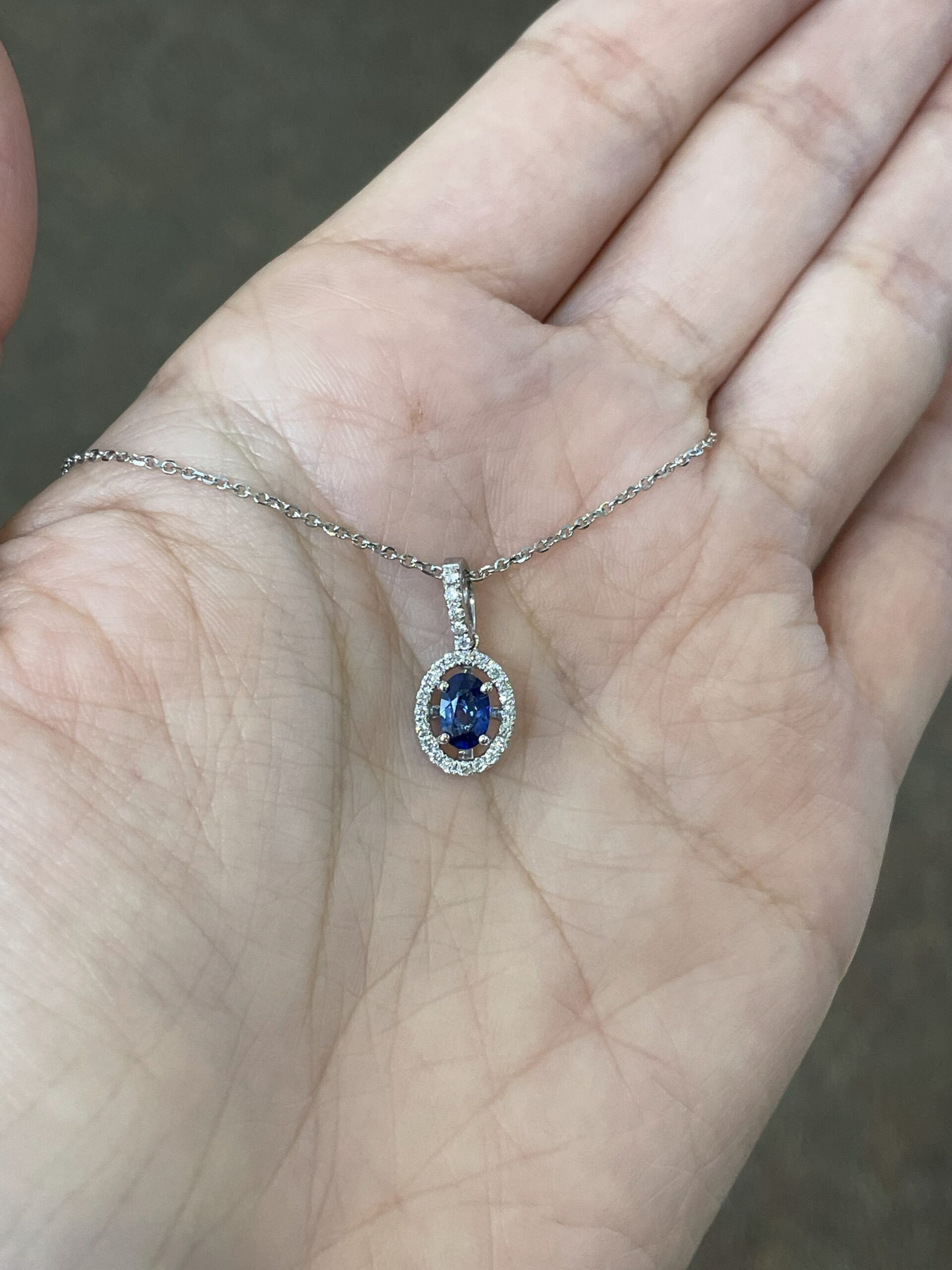 14k White Gold .51 Cttw Oval Shaped Genuine Sapphire & .17 Cttw Round Brilliant Cut Diamond Halo Pendant - Image 24