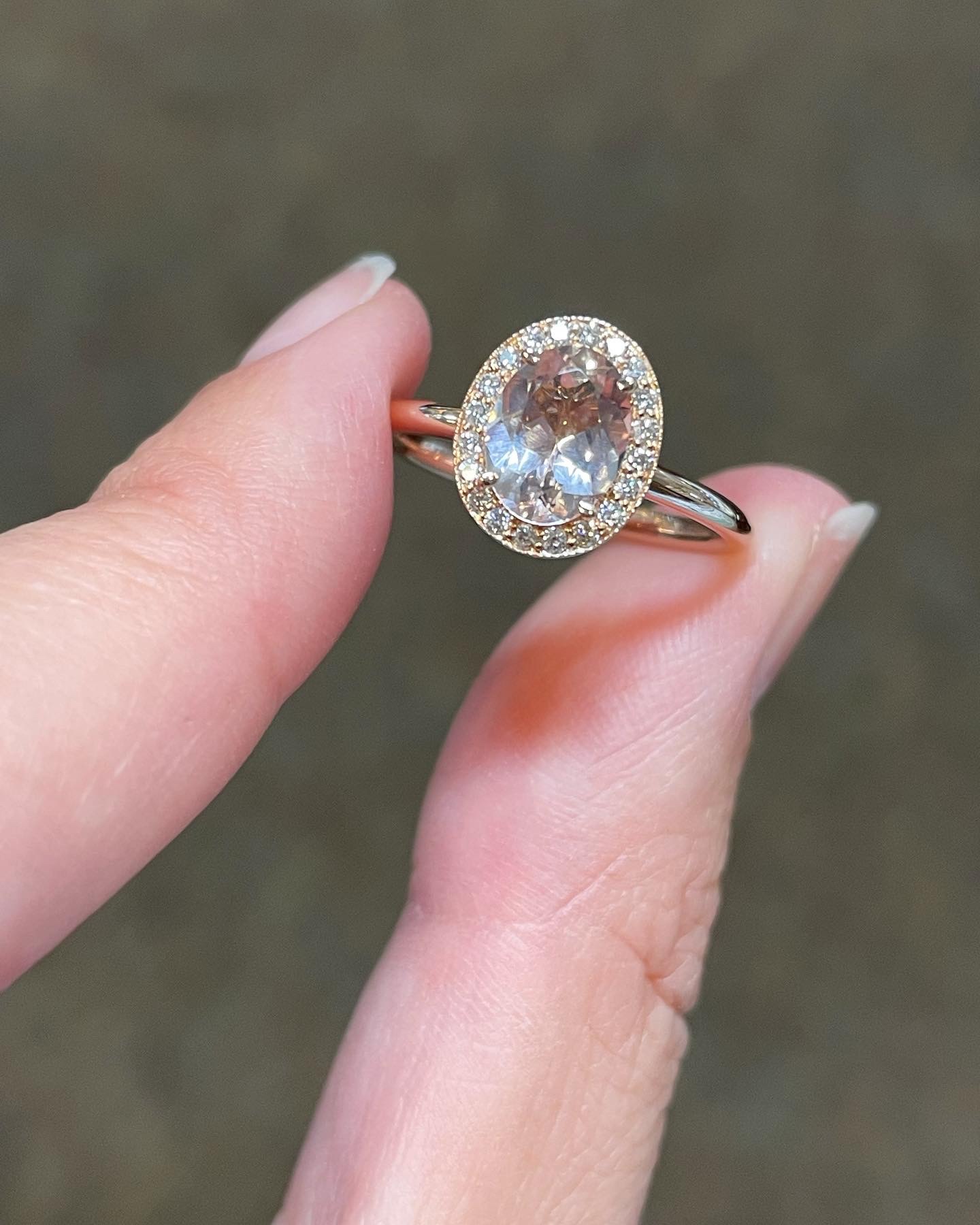 14k Rose Gold Genuine 1.07 Cttw Oval Shaped Morganite & Diamond Halo Ring With Tubular Shank