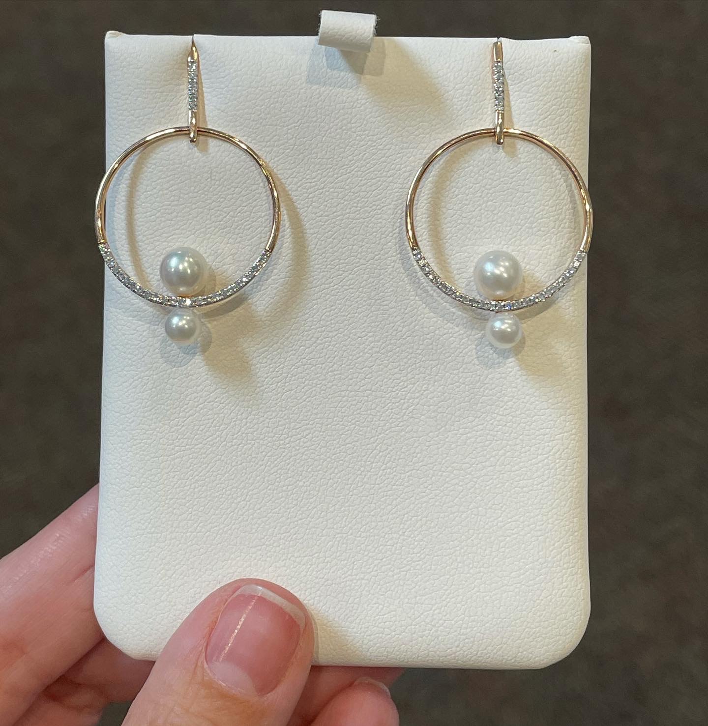 14k Rose Gold Open Circle Dangle Pearl & Diamond Stud Earrings - Image 9