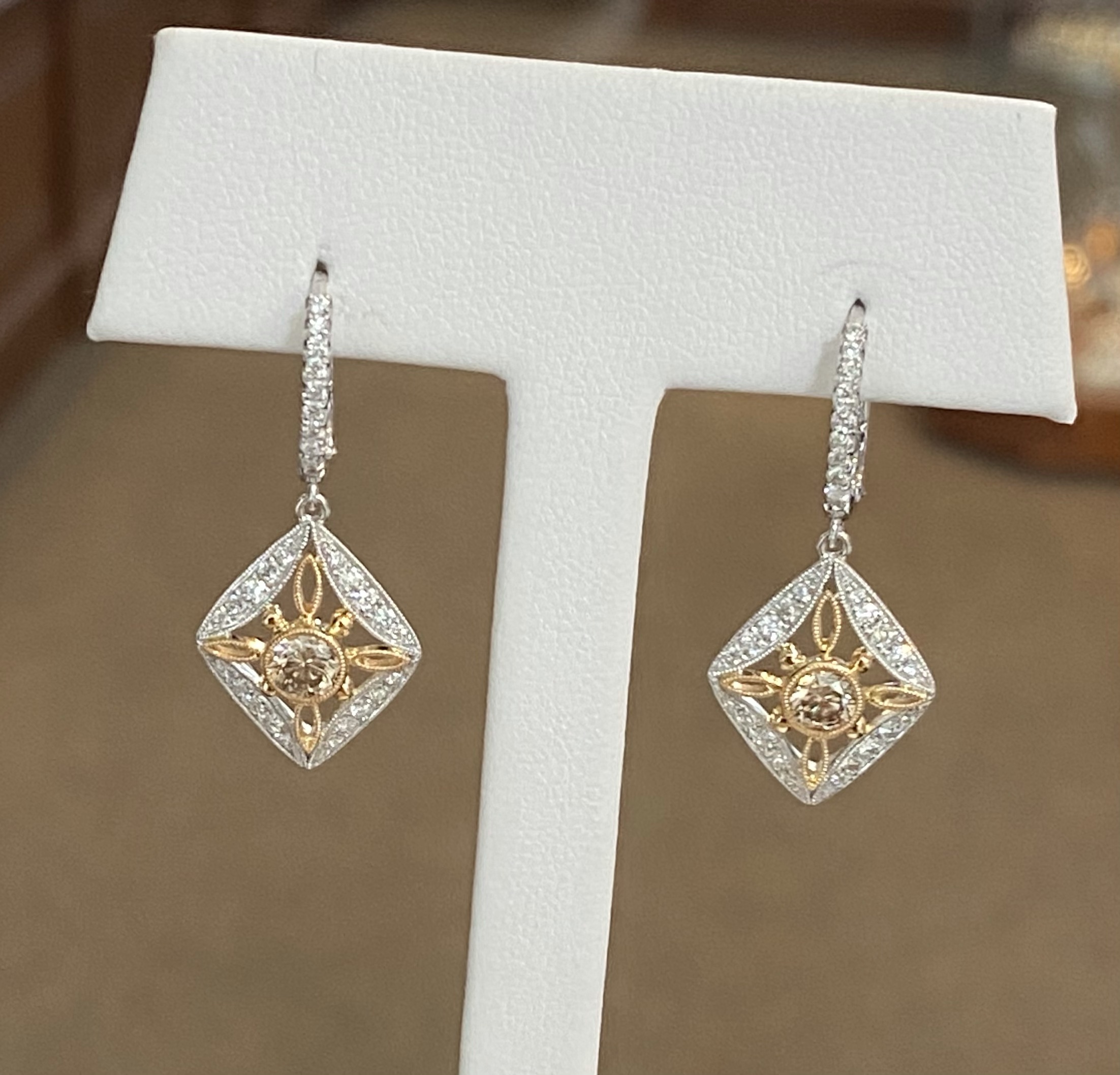 18K White Gold Genuine Chocolate Diamond & Round Brilliant Cut Diamond Filigree Dangle Earrings - Image 10