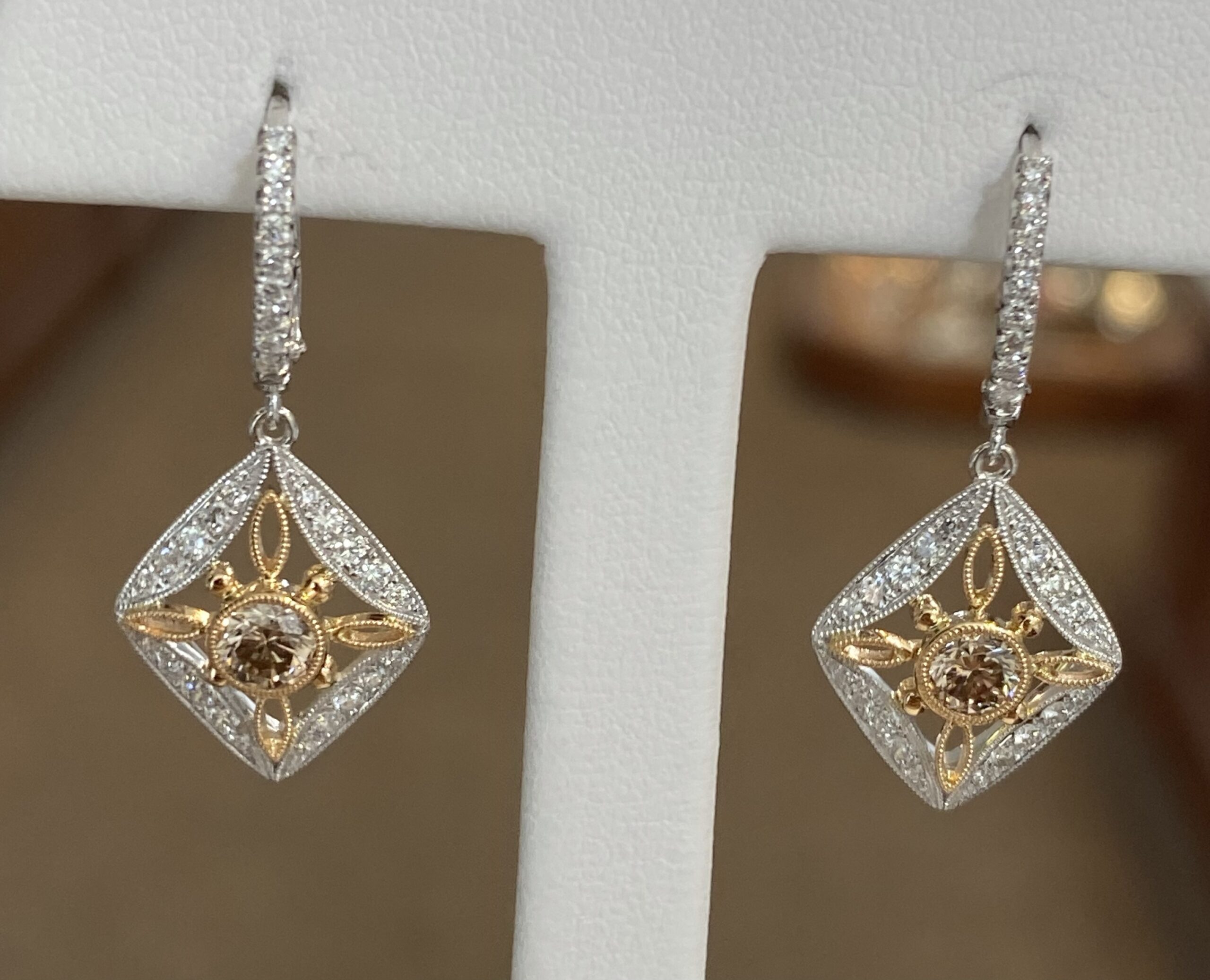 18K White Gold Genuine Chocolate Diamond & Round Brilliant Cut Diamond Filigree Dangle Earrings - Image 6
