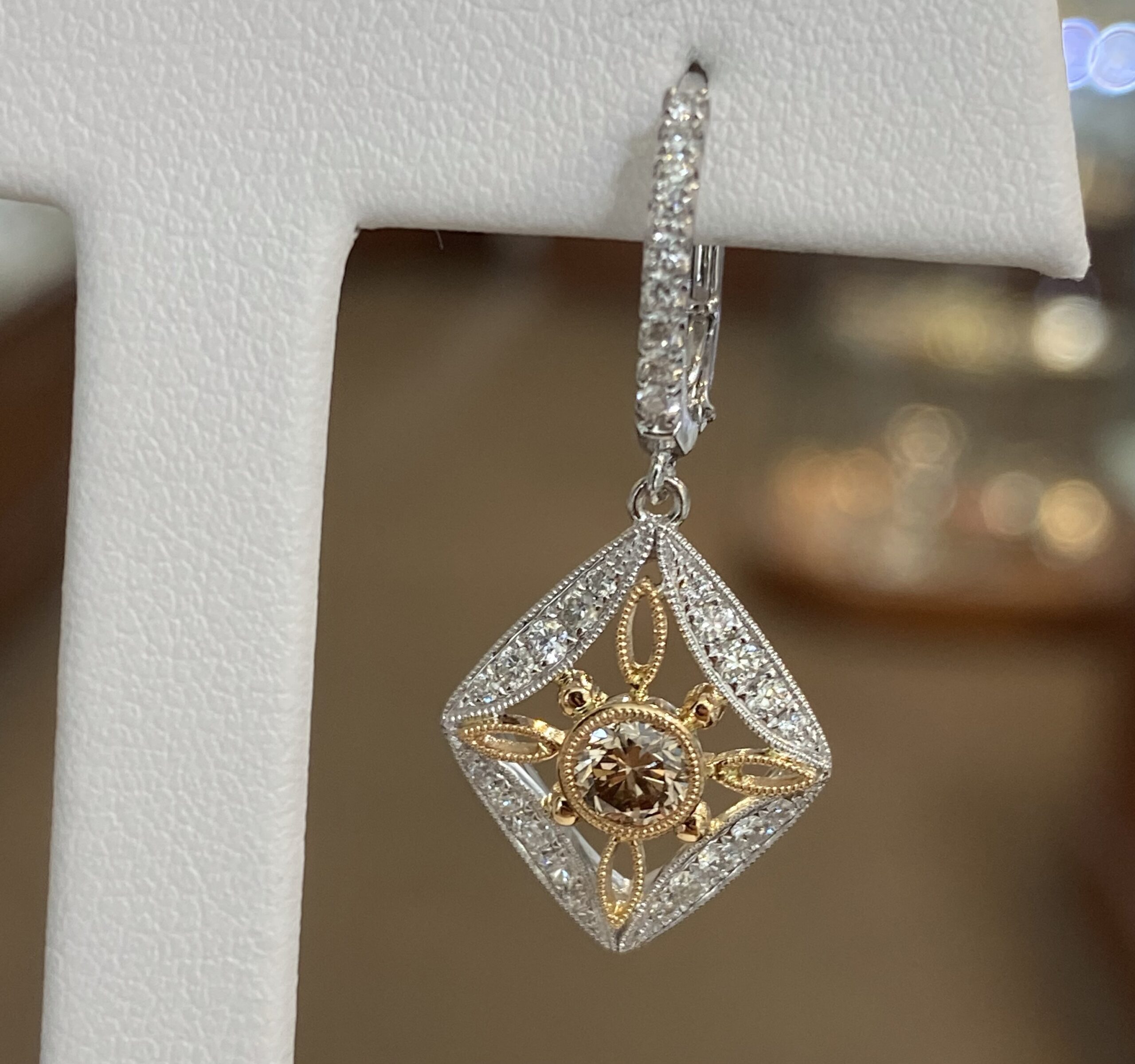 18K White Gold Genuine Chocolate Diamond & Round Brilliant Cut Diamond Filigree Dangle Earrings - Image 7