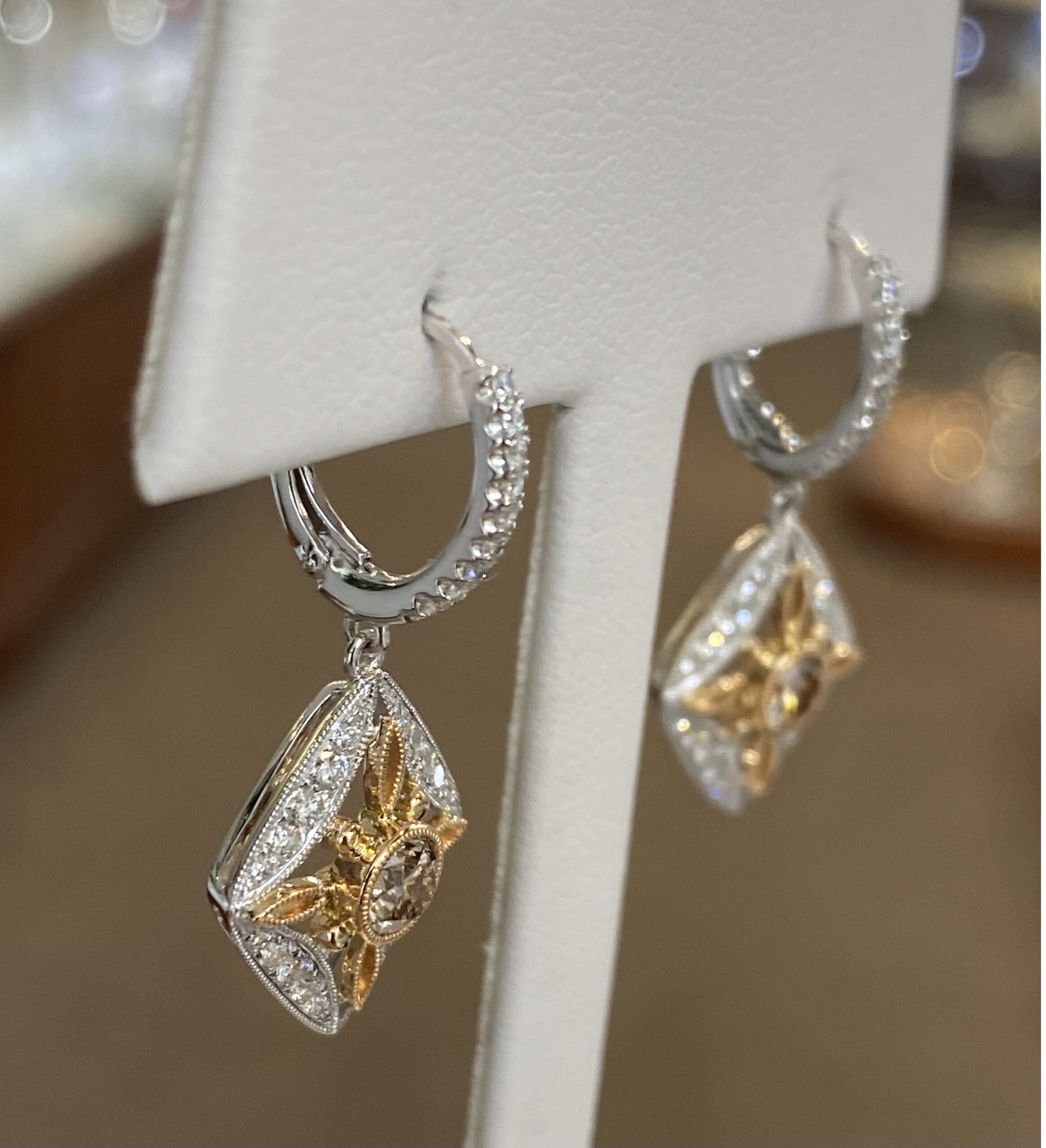 18K White Gold Genuine Chocolate Diamond & Round Brilliant Cut Diamond Filigree Dangle Earrings - Image 14