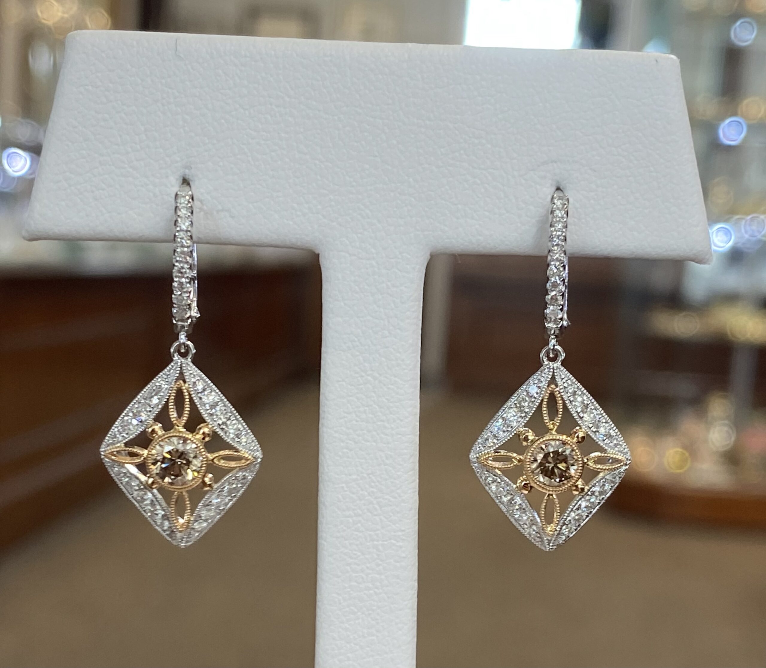 18K White Gold Genuine Chocolate Diamond & Round Brilliant Cut Diamond Filigree Dangle Earrings - Image 9