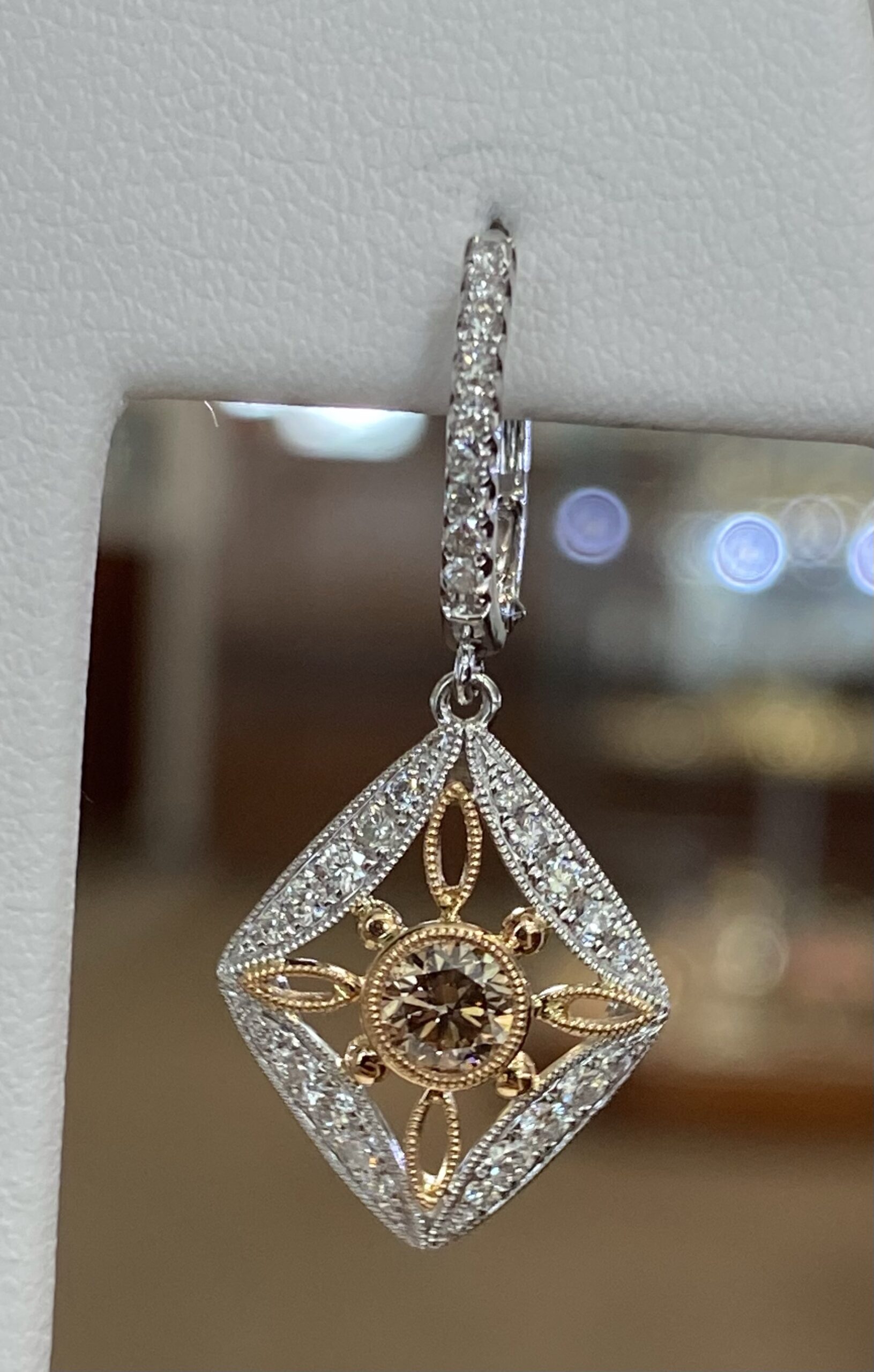 18K White Gold Genuine Chocolate Diamond & Round Brilliant Cut Diamond Filigree Dangle Earrings - Image 5