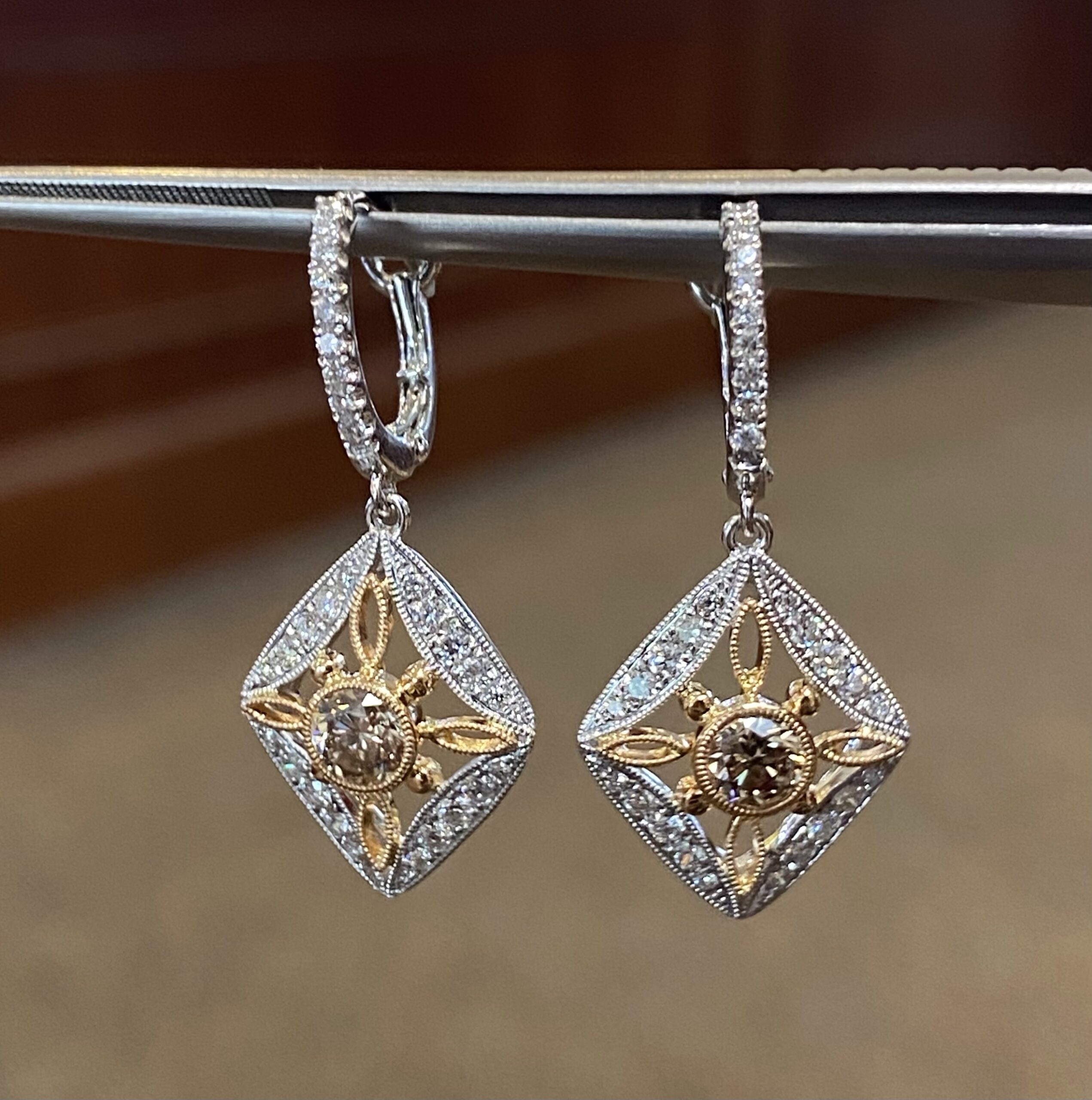 18K White Gold Genuine Chocolate Diamond & Round Brilliant Cut Diamond Filigree Dangle Earrings - Image 4