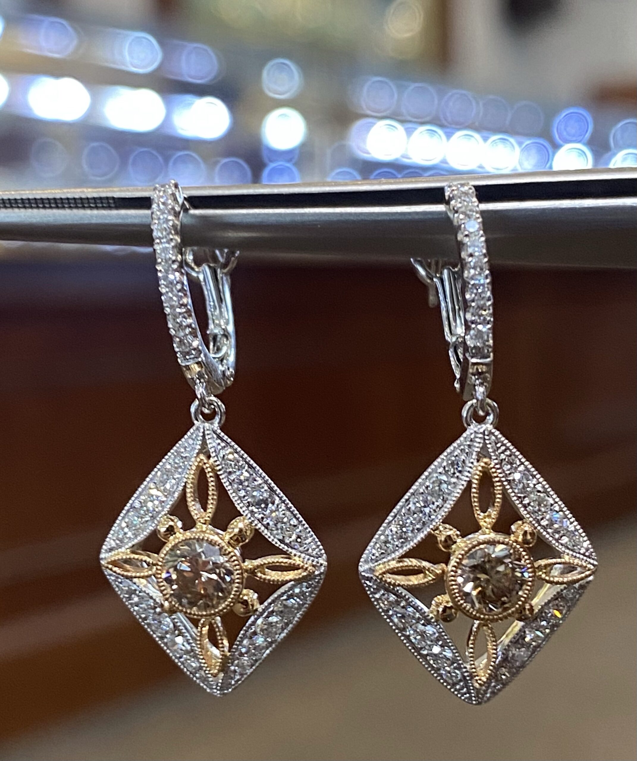 18K White Gold Genuine Chocolate Diamond & Round Brilliant Cut Diamond Filigree Dangle Earrings - Image 3