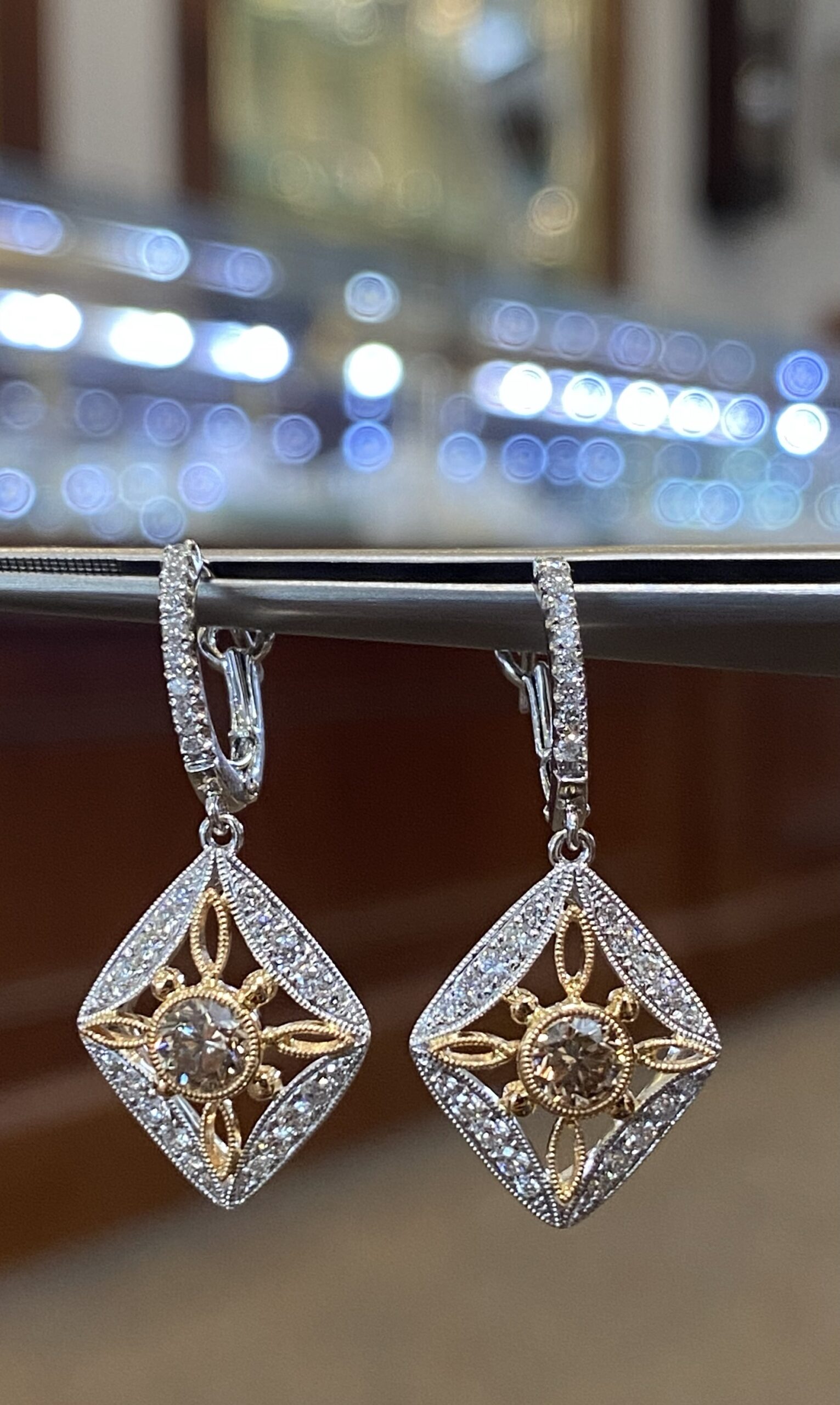 18K White Gold Genuine Chocolate Diamond & Round Brilliant Cut Diamond Filigree Dangle Earrings - Image 2
