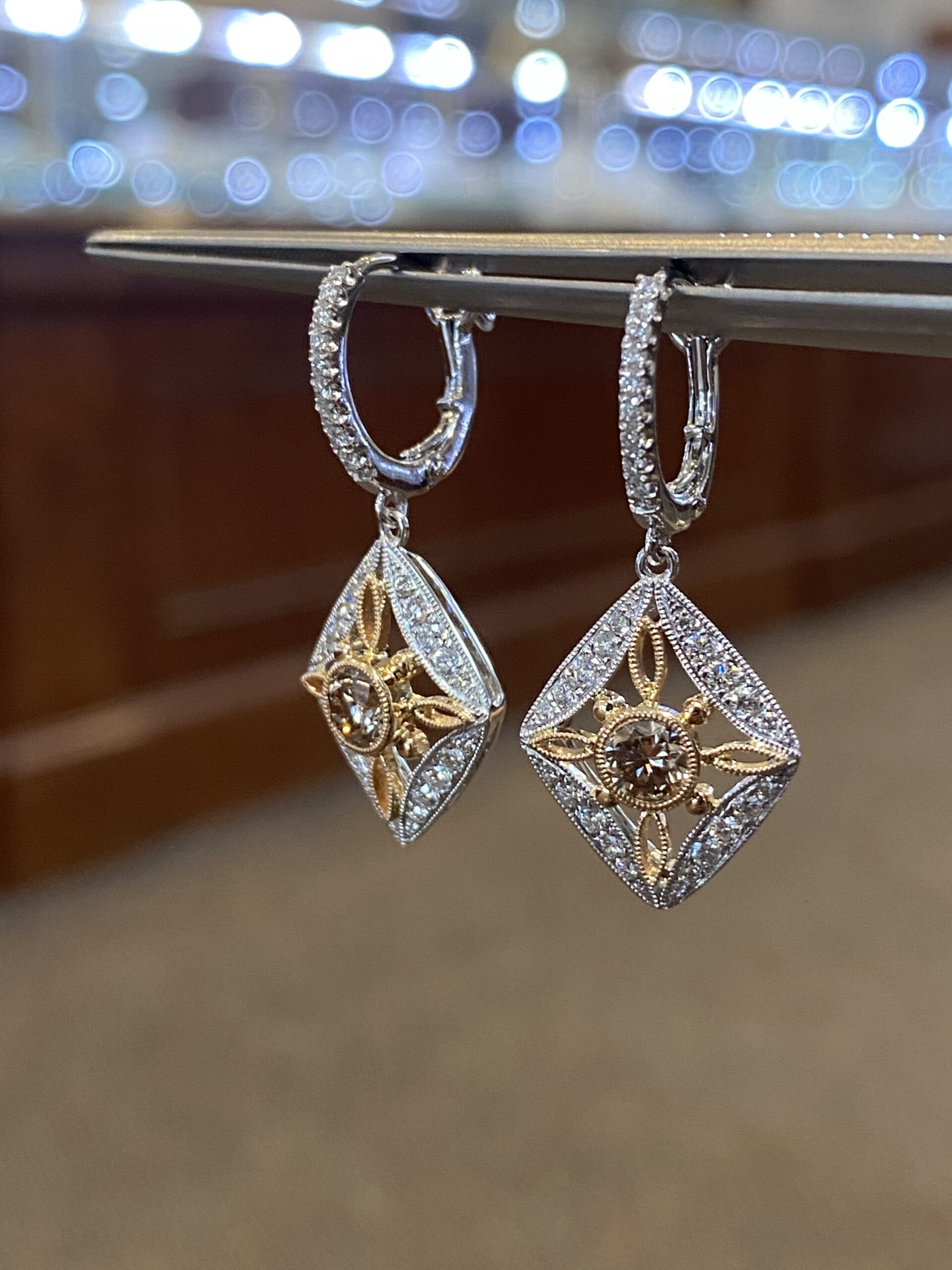 18K White Gold Genuine Chocolate Diamond & Round Brilliant Cut Diamond Filigree Dangle Earrings - Image 13