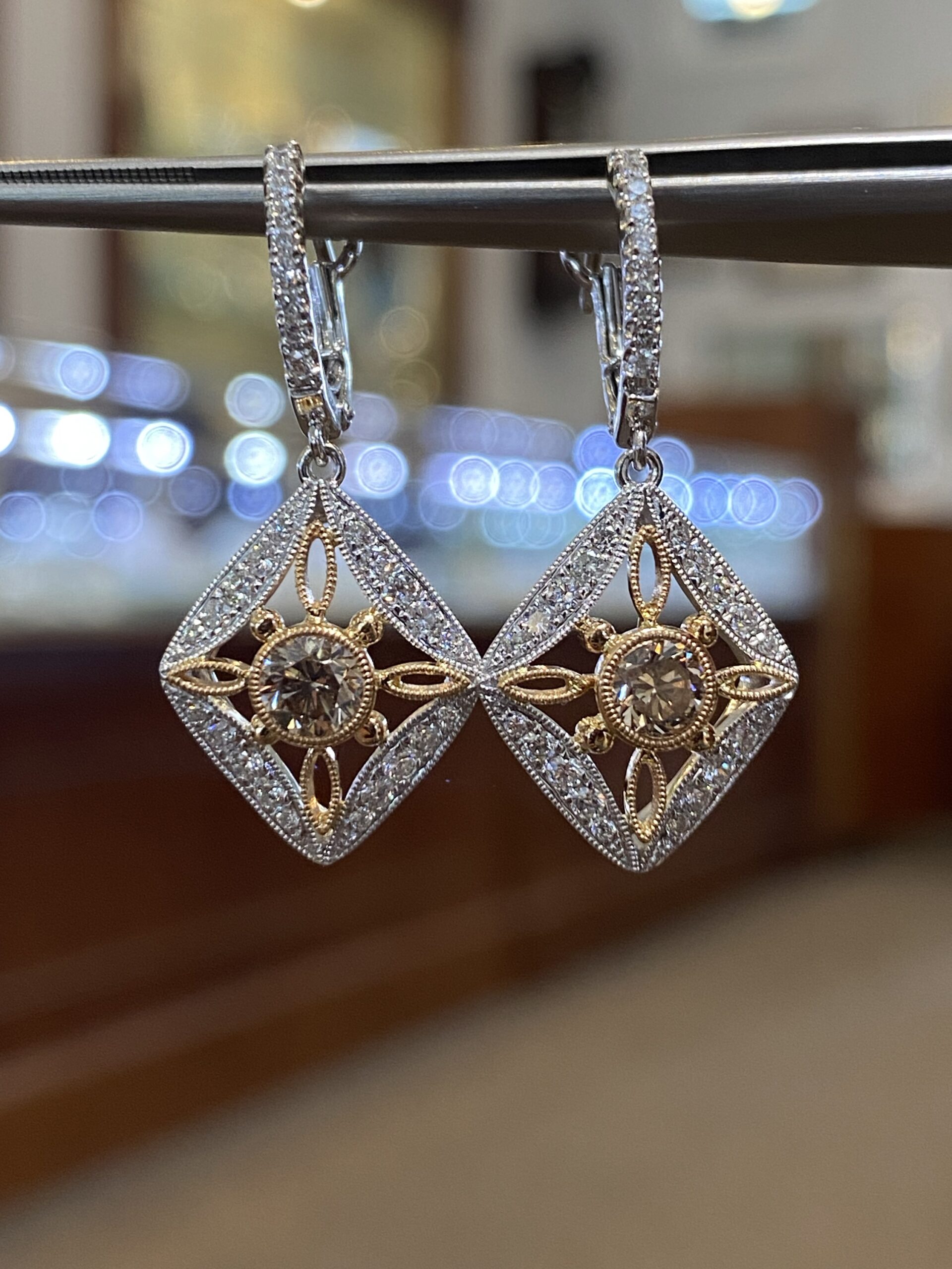 18K White Gold Genuine Chocolate Diamond & Round Brilliant Cut Diamond Filigree Dangle Earrings - Image 12
