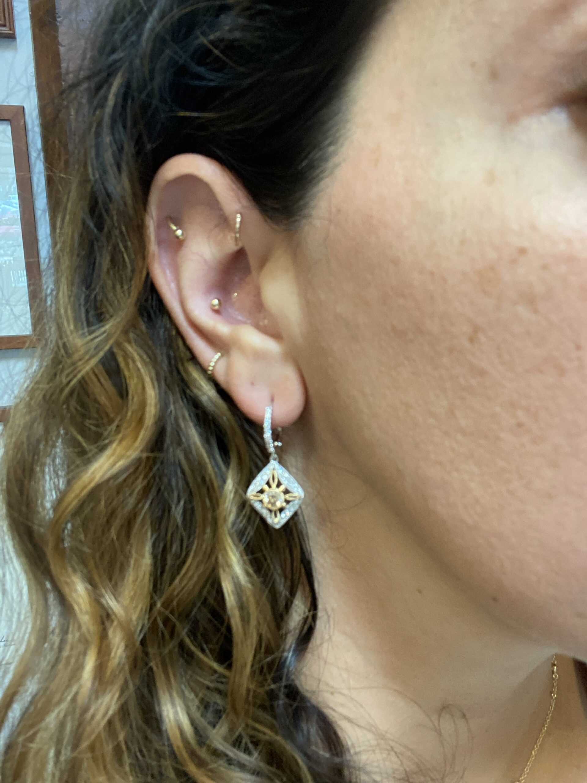 18K White Gold Genuine Chocolate Diamond & Round Brilliant Cut Diamond Filigree Dangle Earrings - Image 15