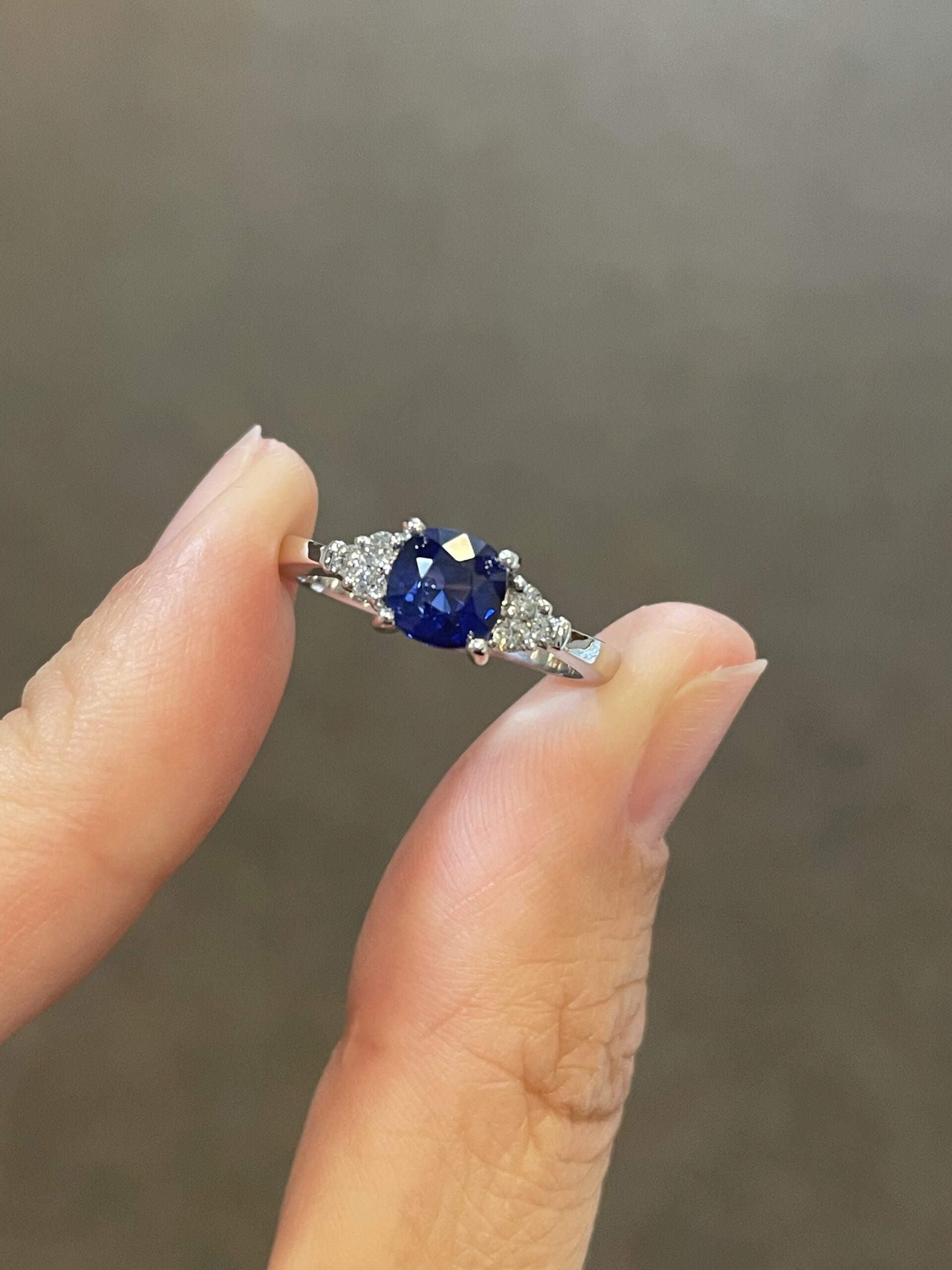 14k White Gold Genuine Cushion Cut 1.28 Carat Ceylon Sapphire & .09 Cttw Diamond Ring