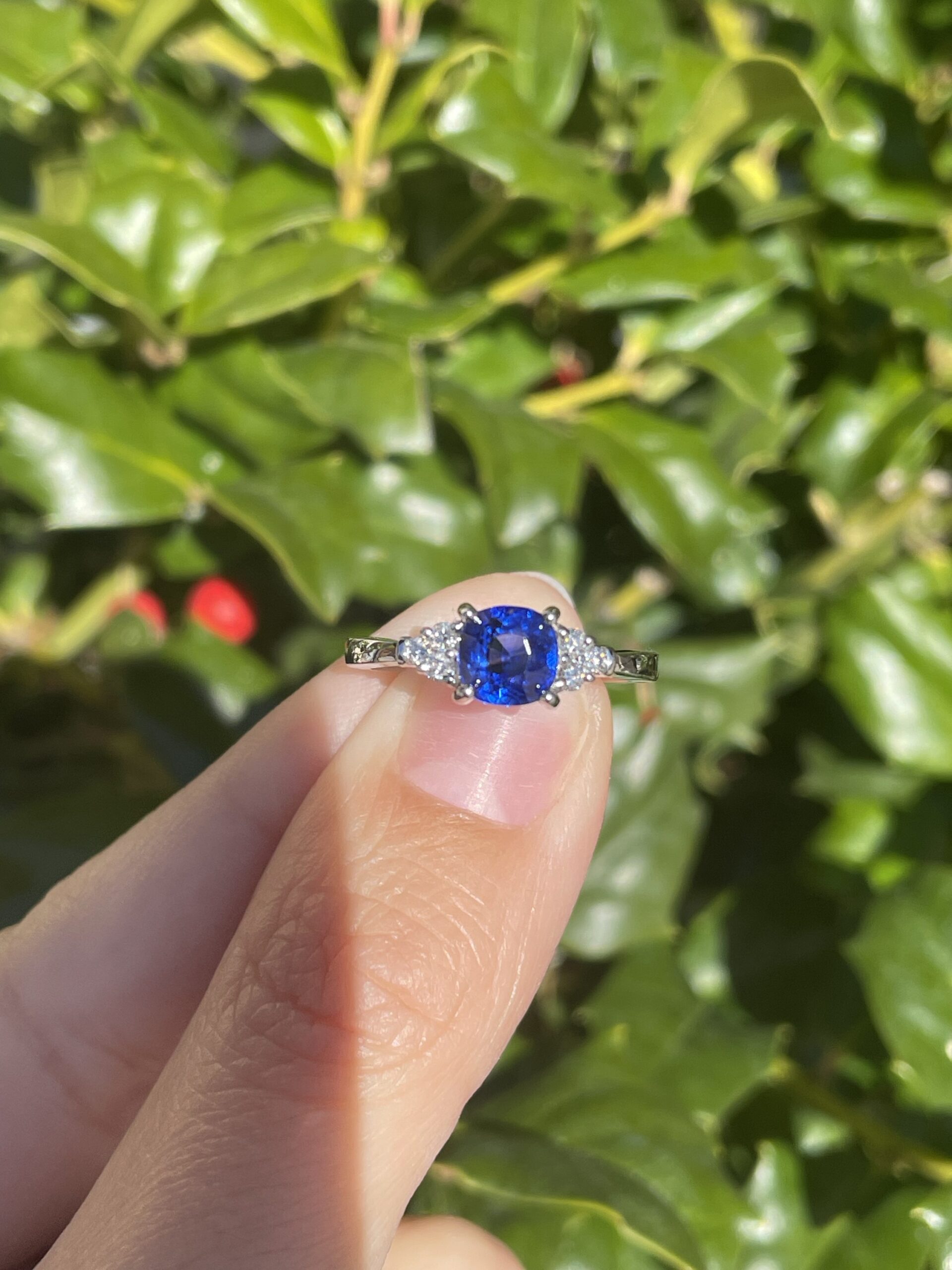 14k White Gold Genuine Cushion Cut 1.28 Carat Ceylon Sapphire & .09 Cttw Diamond Ring - Image 7