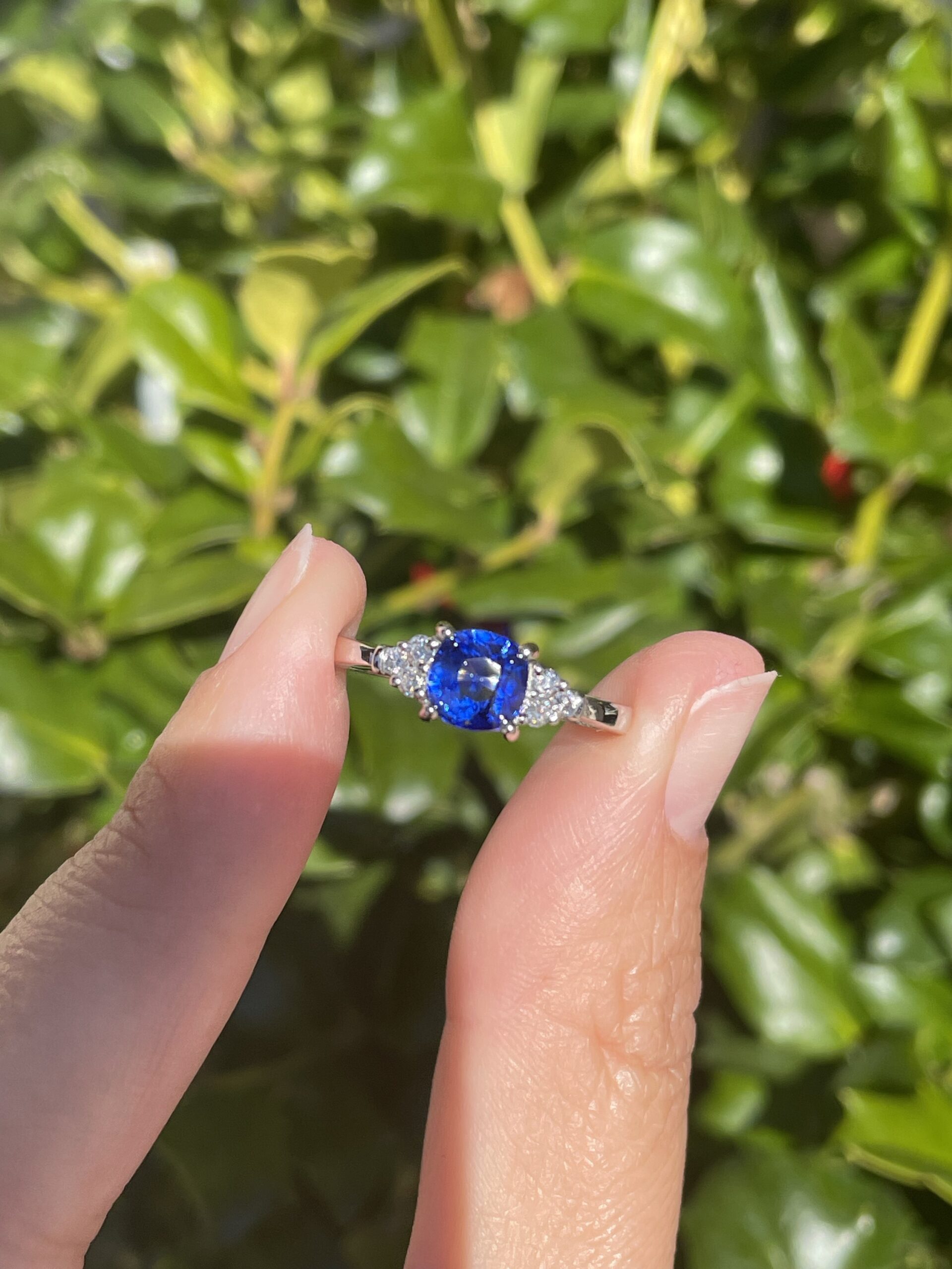 14k White Gold Genuine Cushion Cut 1.28 Carat Ceylon Sapphire & .09 Cttw Diamond Ring - Image 5