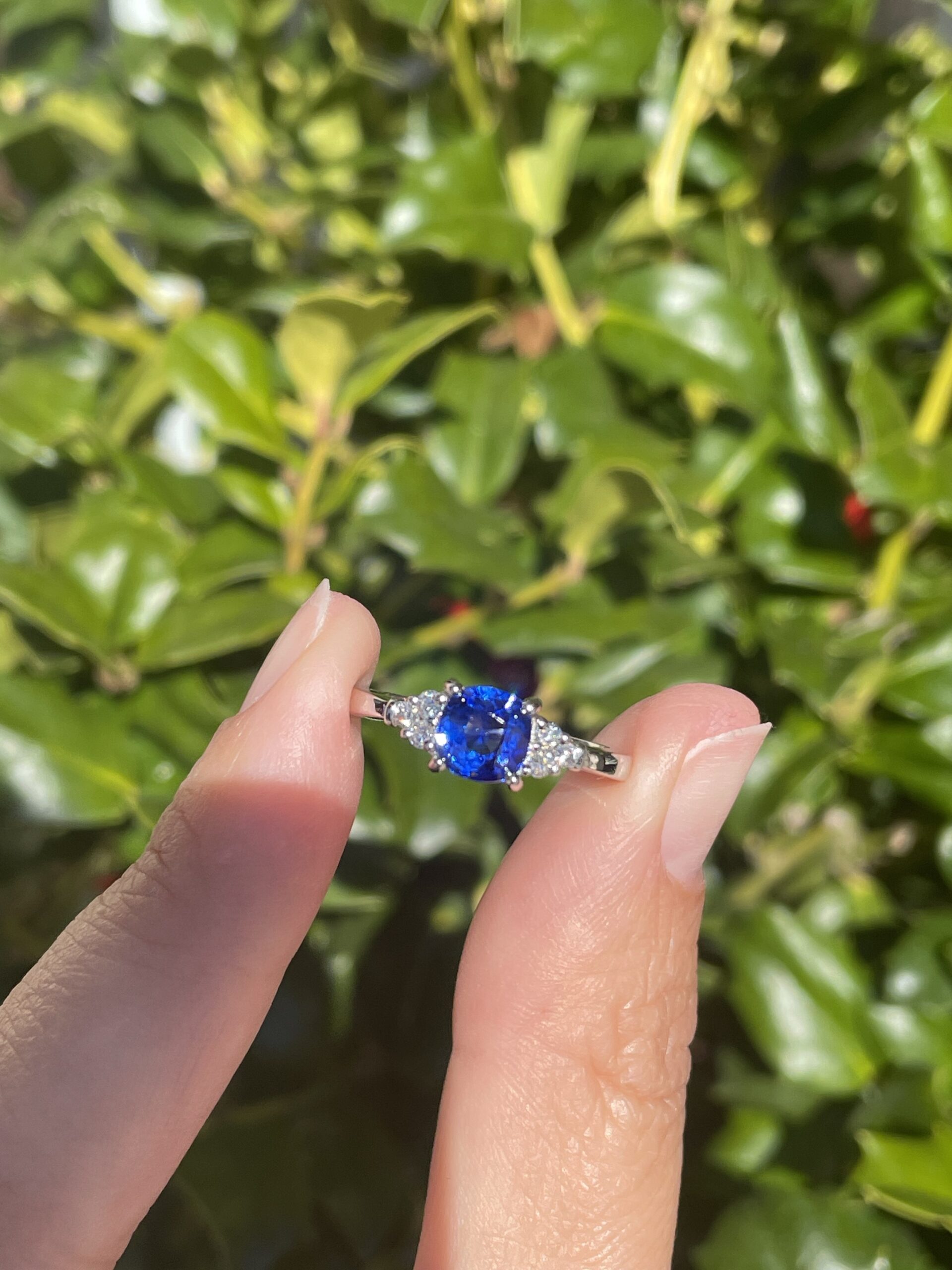 14k White Gold Genuine Cushion Cut 1.28 Carat Ceylon Sapphire & .09 Cttw Diamond Ring - Image 4