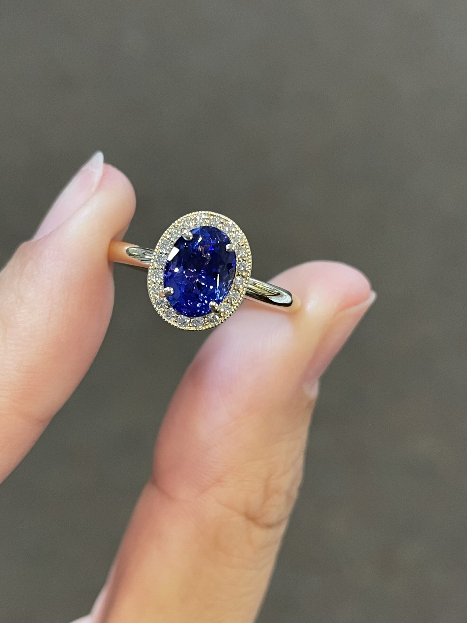 14k Yellow Gold Genuine 1.70 carat Tanzanite & .13 Cttw Round Brilliant Cut Diamond Halo Ring With Tubular Shank