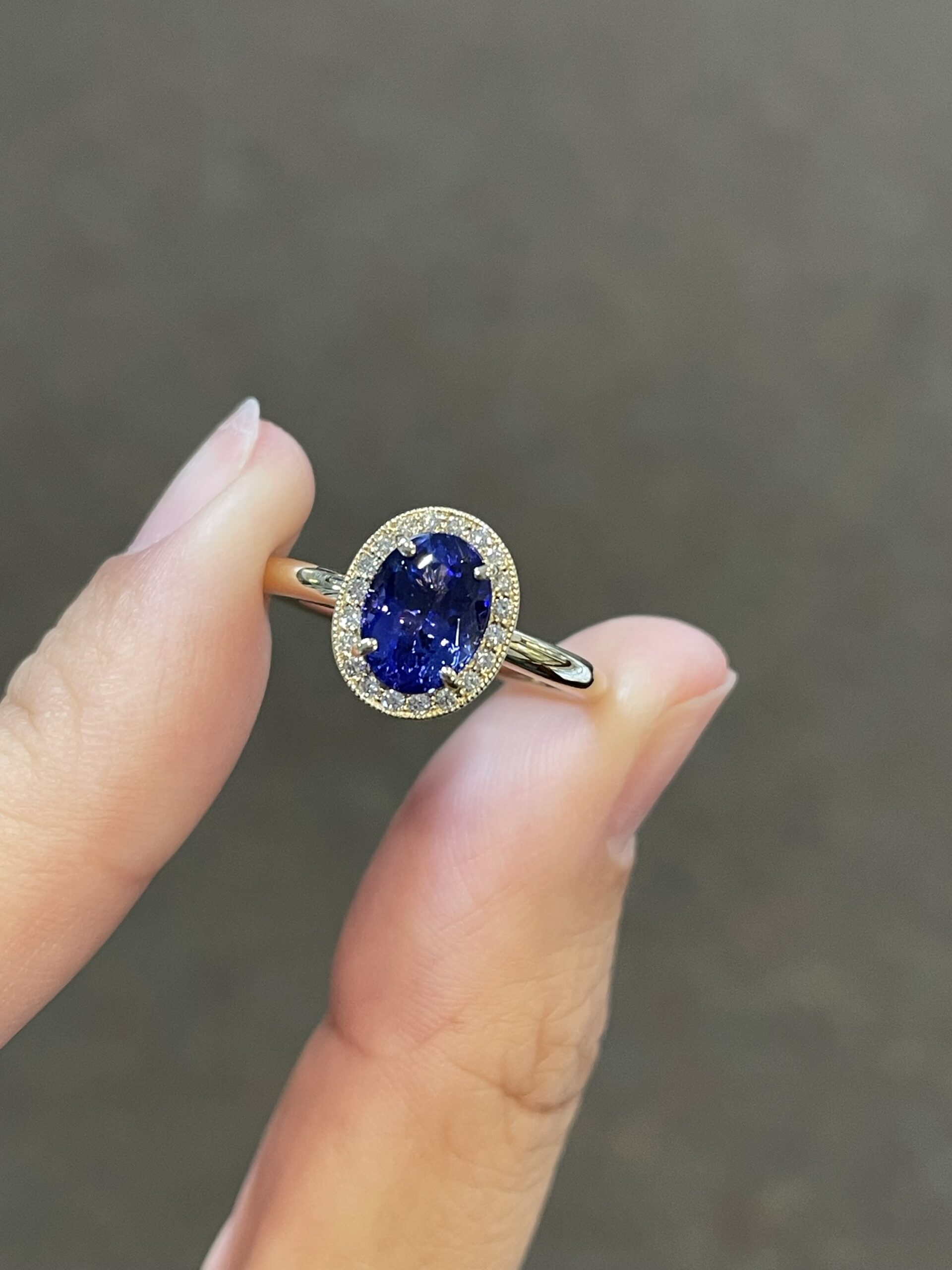 14k Yellow Gold Genuine 1.70 carat Tanzanite & .13 Cttw Round Brilliant Cut Diamond Halo Ring With Tubular Shank - Image 5