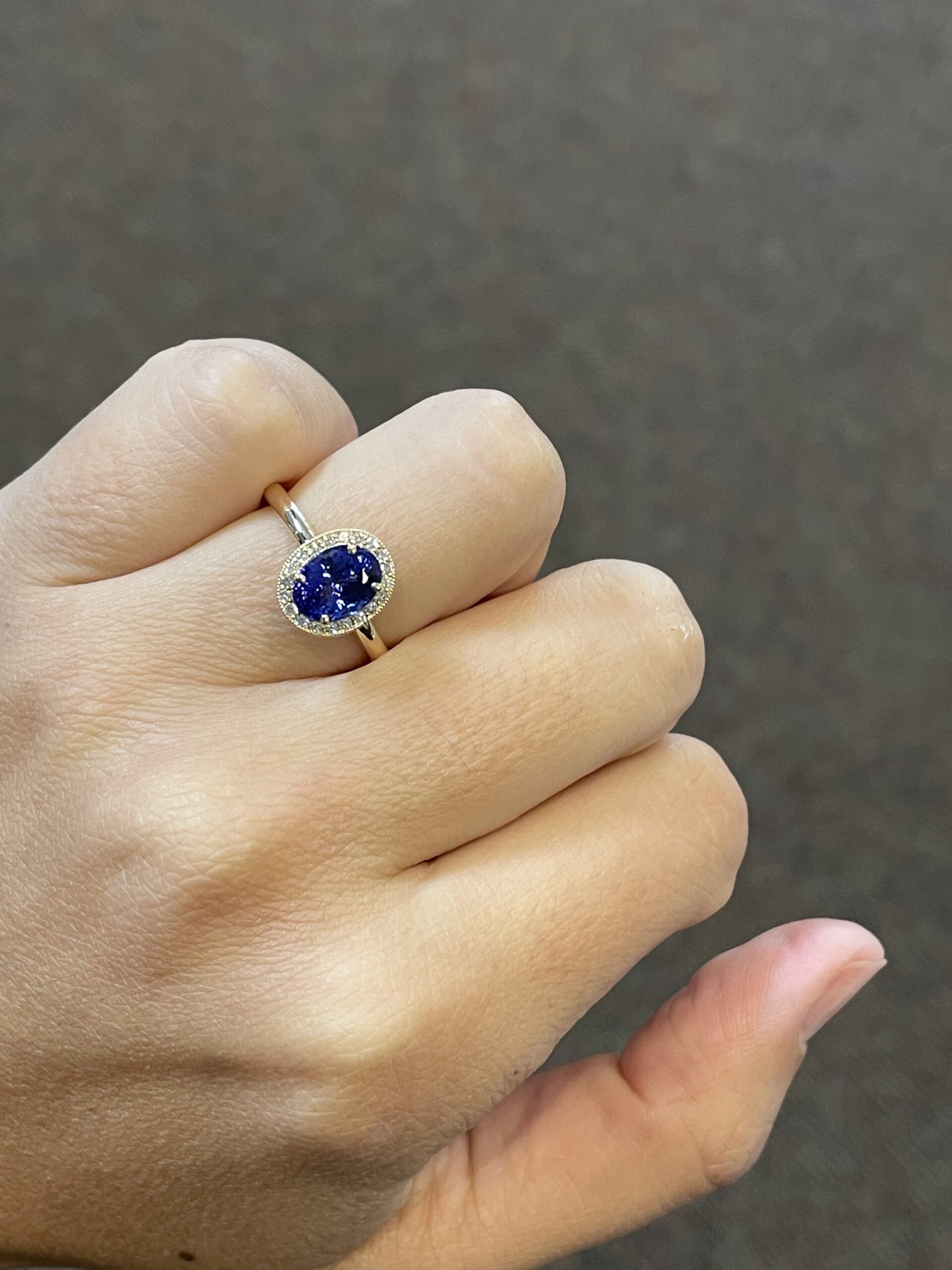 14k Yellow Gold Genuine 1.70 carat Tanzanite & .13 Cttw Round Brilliant Cut Diamond Halo Ring With Tubular Shank - Image 10