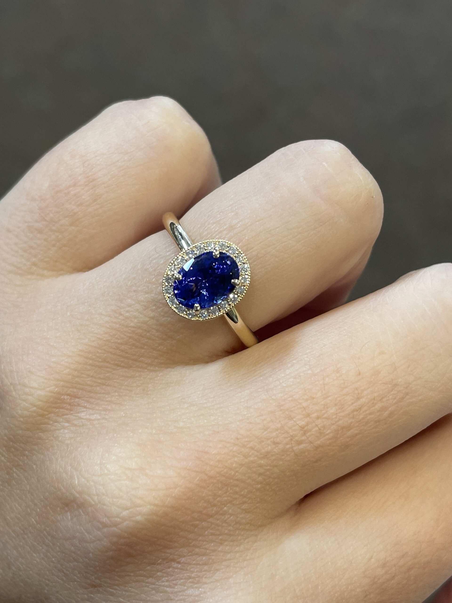 14k Yellow Gold Genuine 1.70 carat Tanzanite & .13 Cttw Round Brilliant Cut Diamond Halo Ring With Tubular Shank - Image 13