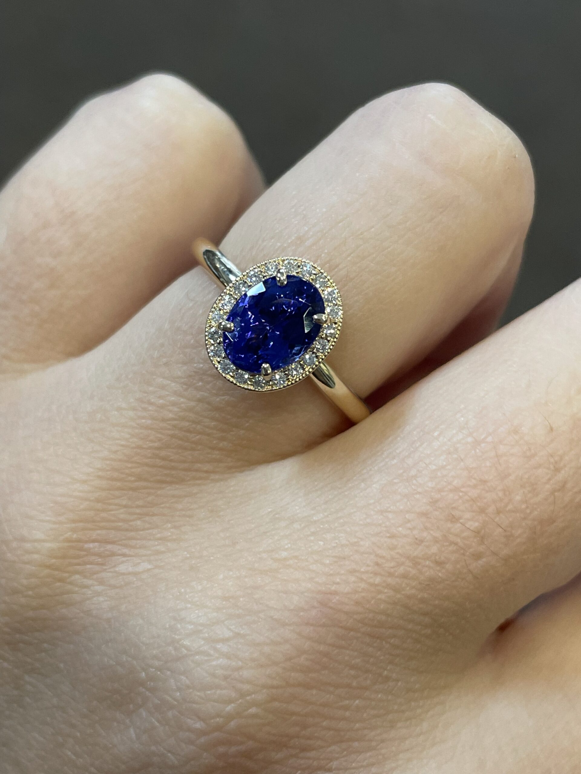 14k Yellow Gold Genuine 1.70 carat Tanzanite & .13 Cttw Round Brilliant Cut Diamond Halo Ring With Tubular Shank - Image 15