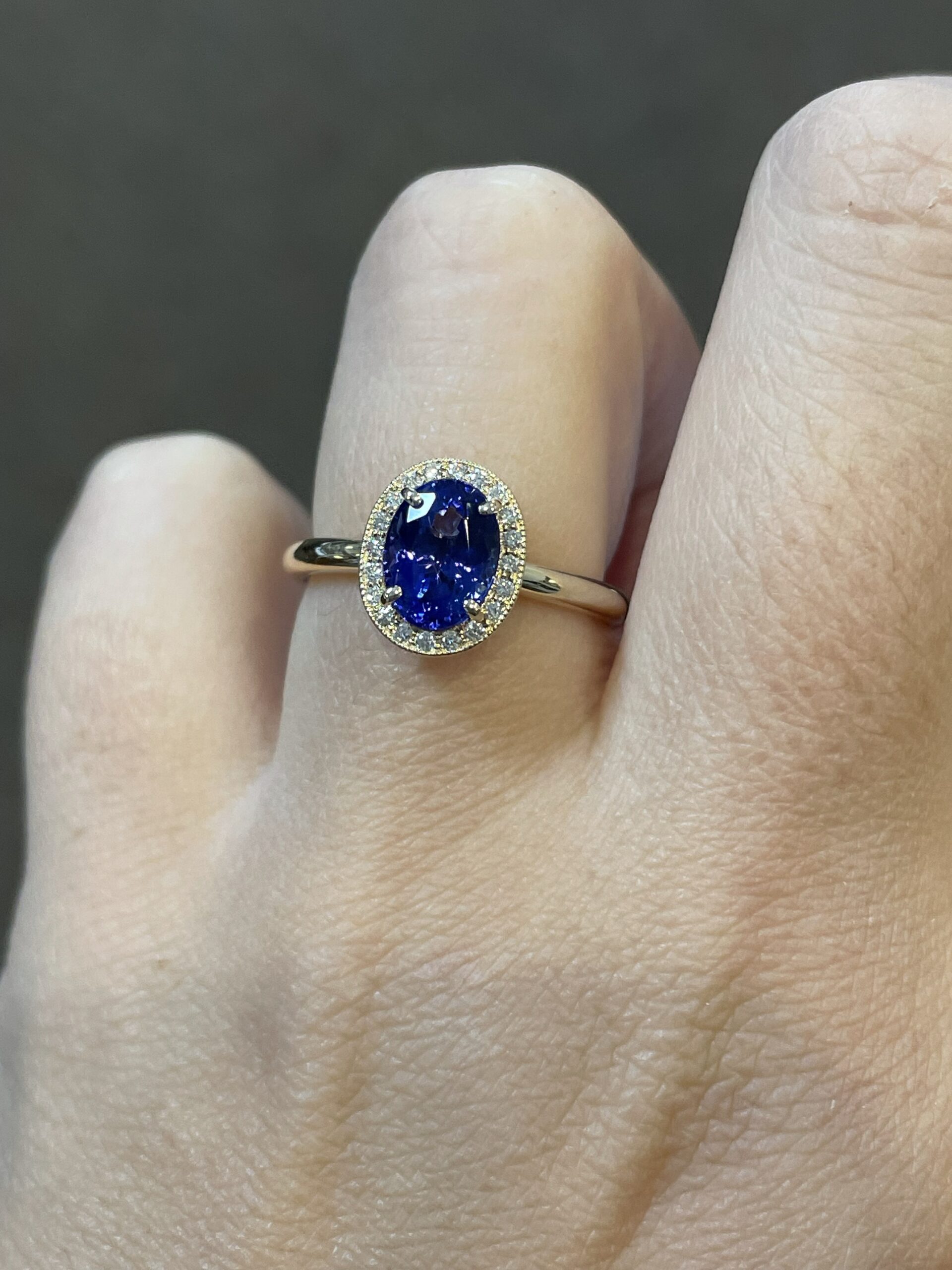 14k Yellow Gold Genuine 1.70 carat Tanzanite & .13 Cttw Round Brilliant Cut Diamond Halo Ring With Tubular Shank - Image 16