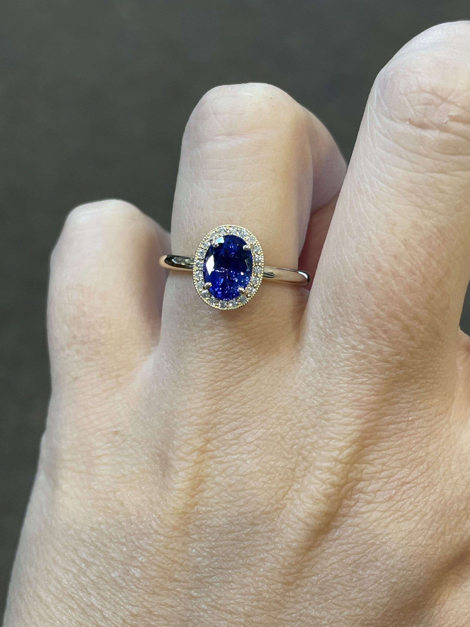 14k Yellow Gold Genuine 1.70 carat Tanzanite & .13 Cttw Round Brilliant Cut Diamond Halo Ring With Tubular Shank - Image 17