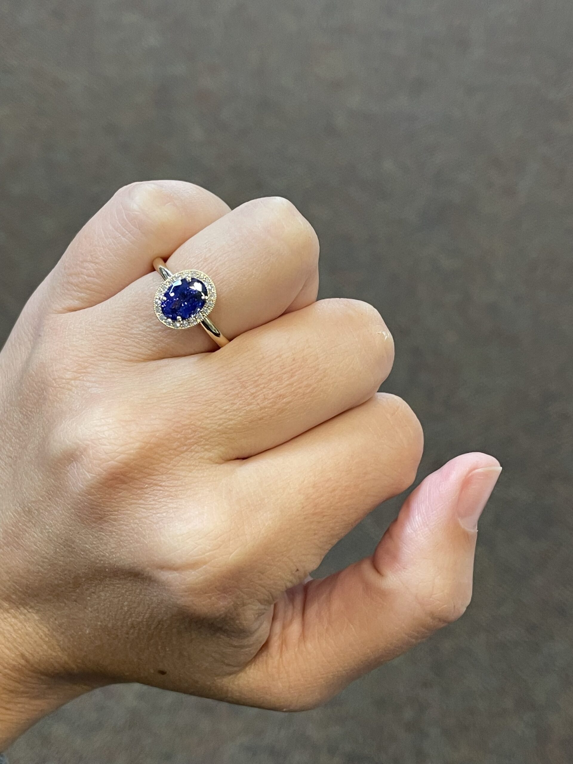 14k Yellow Gold Genuine 1.70 carat Tanzanite & .13 Cttw Round Brilliant Cut Diamond Halo Ring With Tubular Shank - Image 23