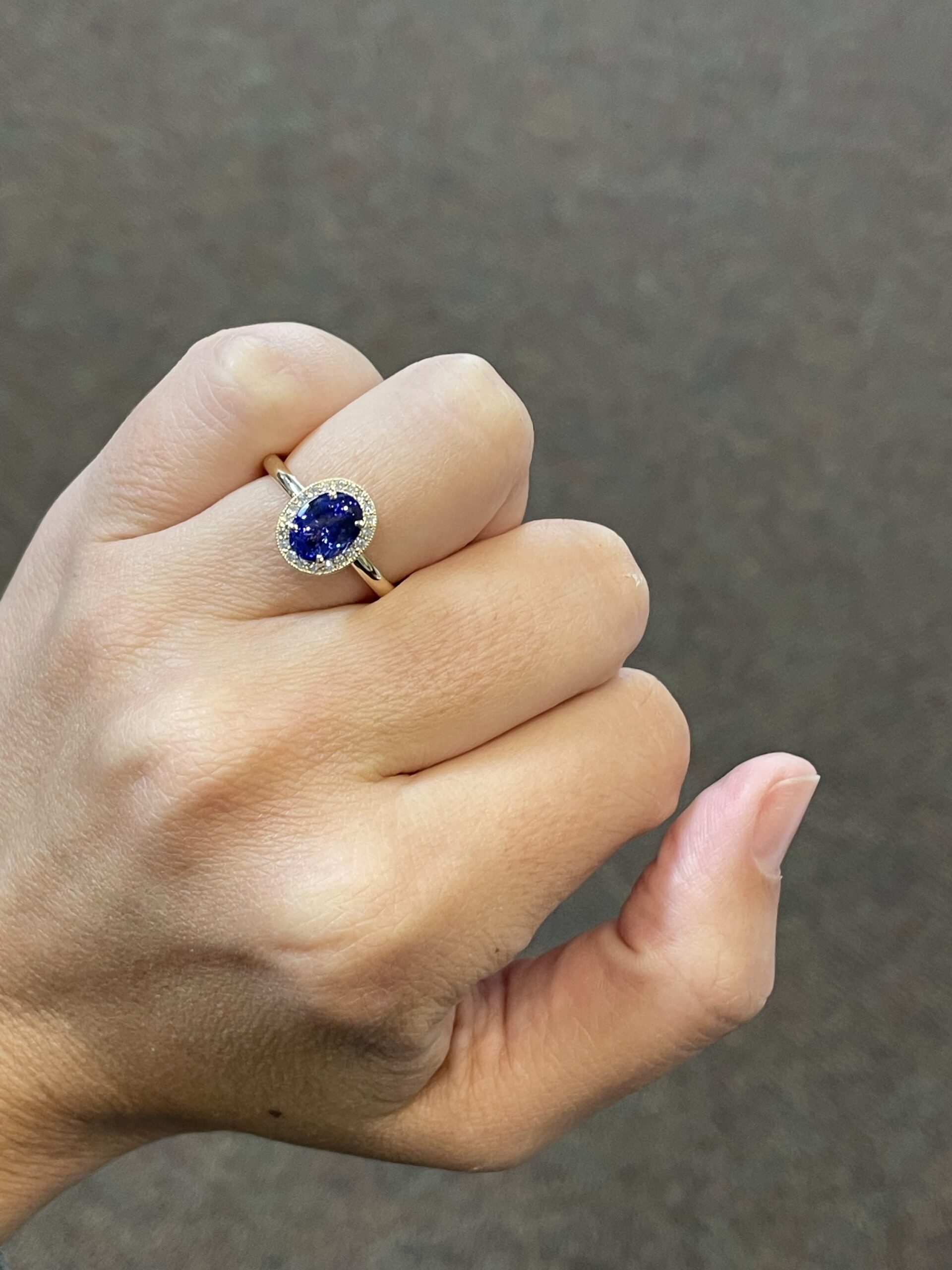 14k Yellow Gold Genuine 1.70 carat Tanzanite & .13 Cttw Round Brilliant Cut Diamond Halo Ring With Tubular Shank - Image 24