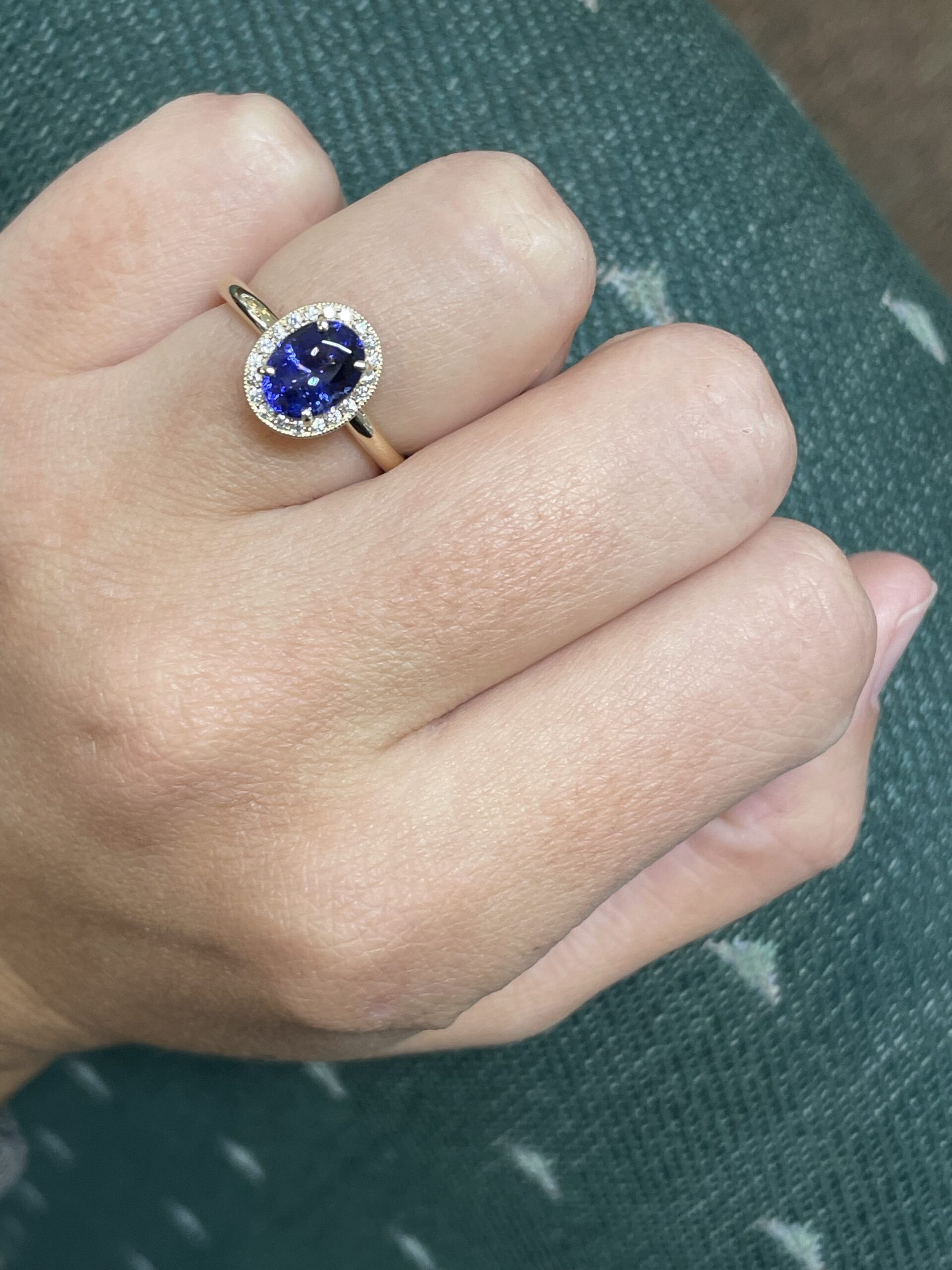 14k Yellow Gold Genuine 1.70 carat Tanzanite & .13 Cttw Round Brilliant Cut Diamond Halo Ring With Tubular Shank - Image 27